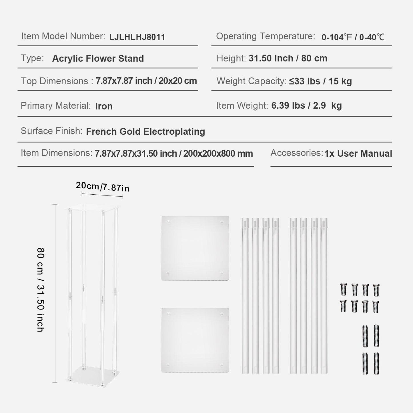 2PCS 31.5inch/80cm High Wedding Flower Stand, With Acrylic Laminate,Acrylic Vase Column Geometric Centerpiece Stands, Floral Display Rack for T-Stage Events Reception, Party Decoration Home
