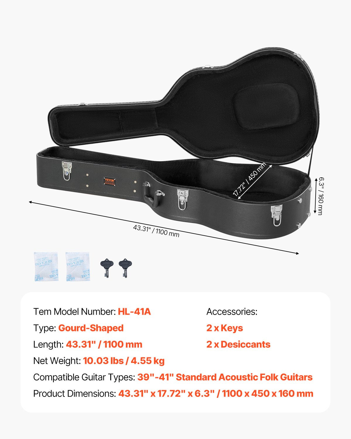 Acoustic Guitar Hard Case 43.31 in / 110 cm With Lock And Keys for Acoustic Guitar