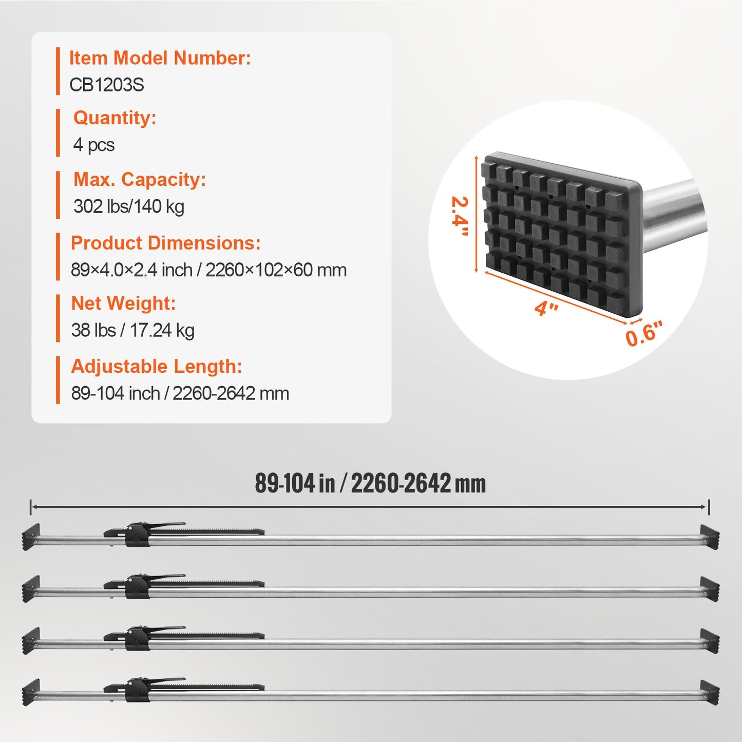 Cargo Bar, Ratcheting Cargo Bar Adjustable from 89" to 104", Heavy-duty Steel Cargo Stabilizer Bar with 309 lbs Capacity, Truck Bed Load Bar for Truck Bed, Trailer, Semi Trailer (4 pcs)
