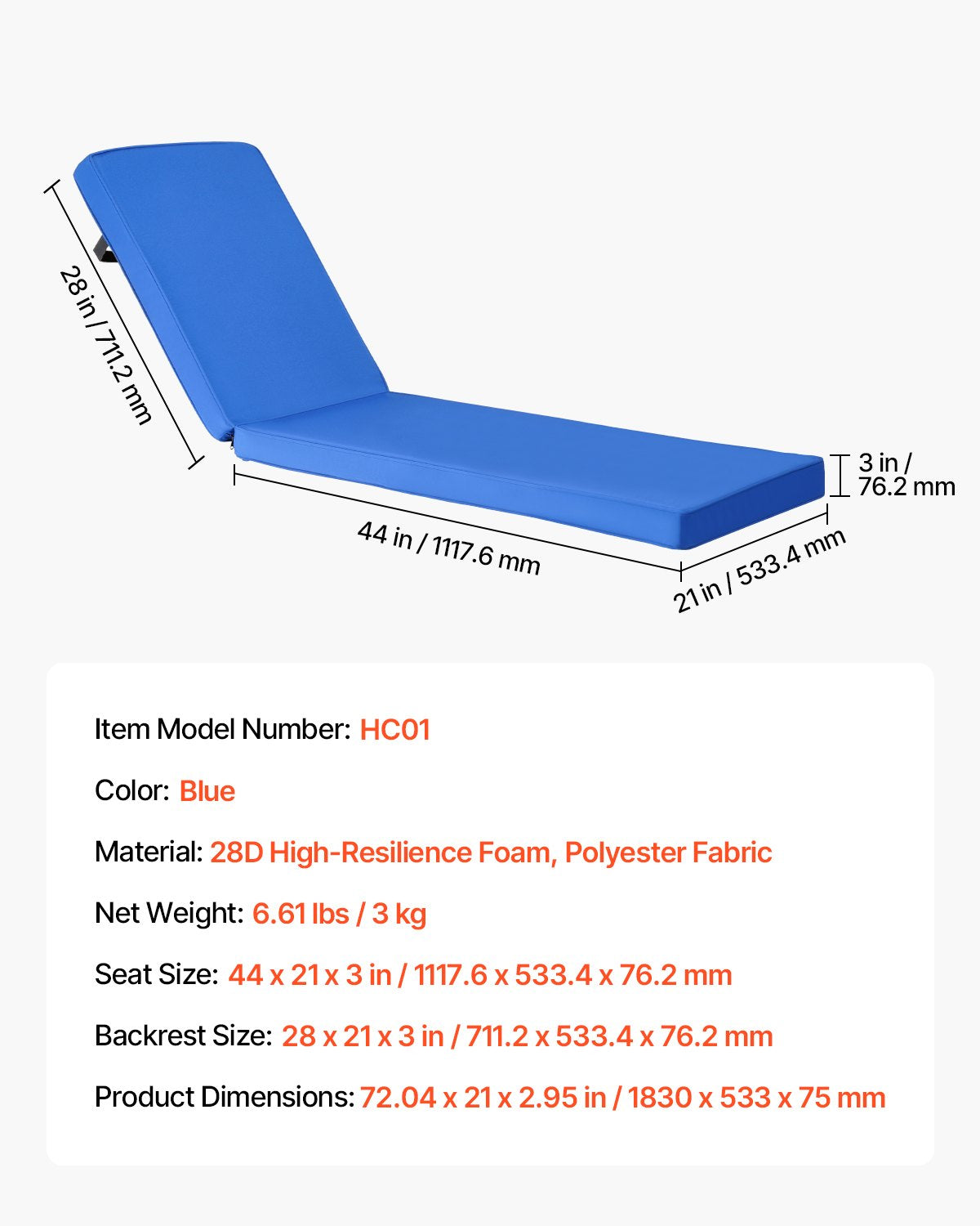 Schäslongdyna, 183 x 53,3 x 7,5 cm, Dynor för utomhuslounge, Vattentäta och blekningsbeständiga, Ersättningsdynor för solsängar med band, Solsängdynor för pooldäck, gräsmatta, blå