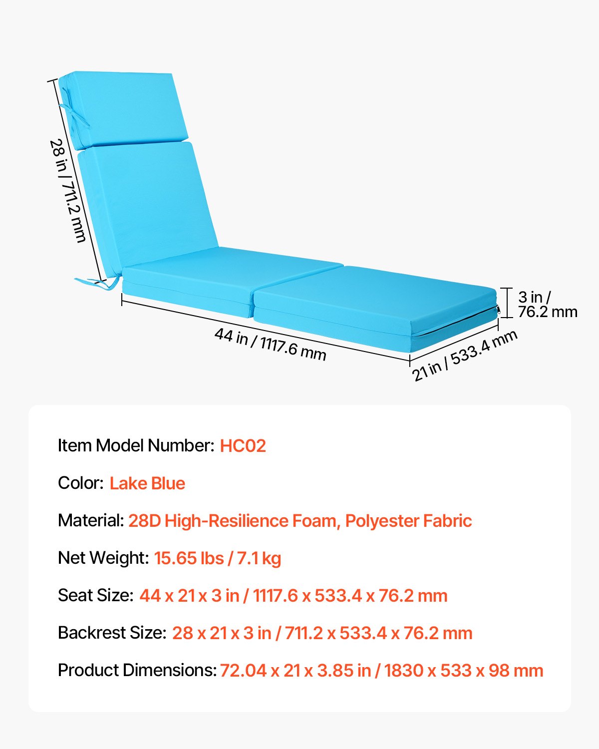 Schäslongdyna, 183x53,3x9,8 cm, Set med 2 utomhusdynor, Vattentäta och blekningsbeständiga, Solsängdynor med band, Tjocka solsängdynor för pooldäck, Blågrön