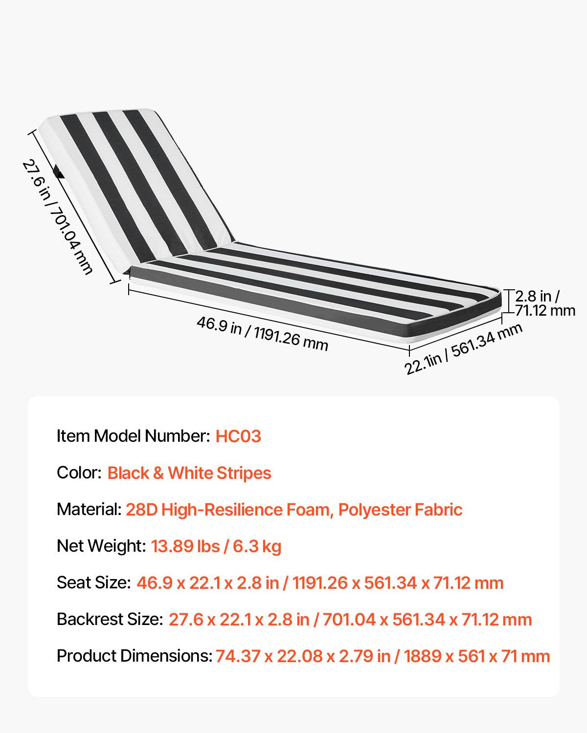 Schäslongdyna, 89x56x71 cm, Set med 2 utomhusdynor, Vattentäta och blekningsbeständiga solsängdynor med band, Solsängdynor för pooldäck, Svarta och vita ränder