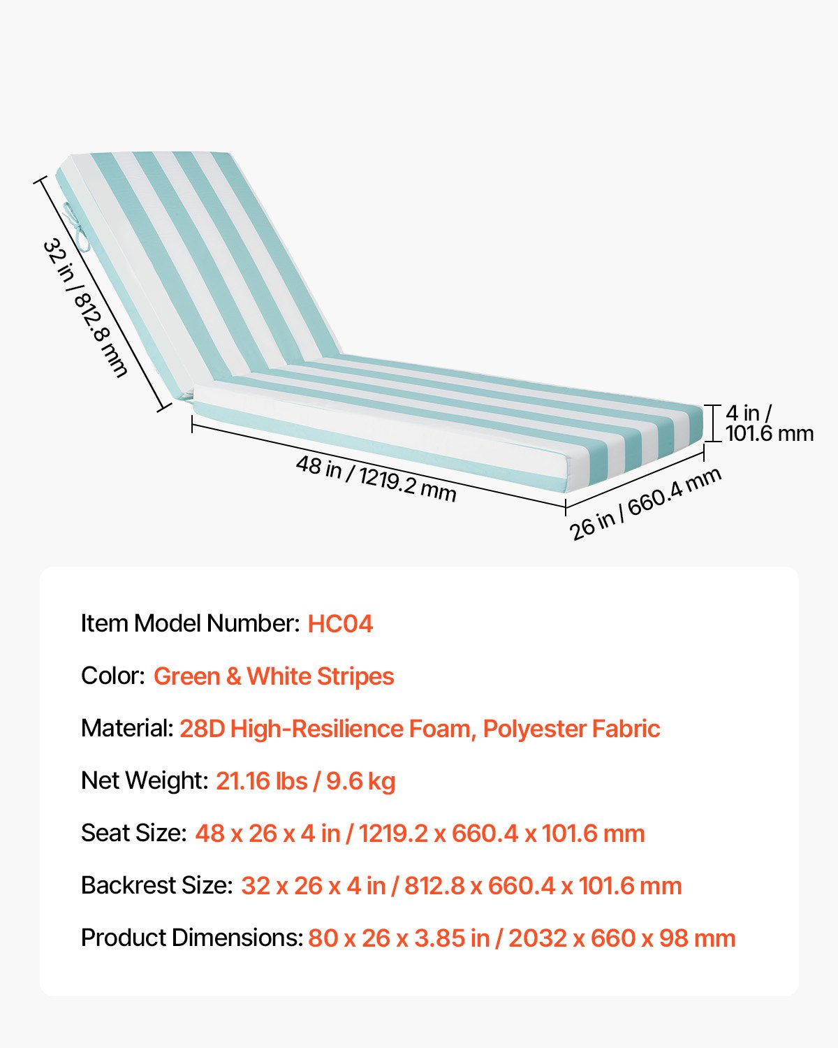 Schäslongdyna, 203x66x9,8 cm, Set med 2 utomhusdynor för solstolar, Vattentäta och blekningsbeständiga solsängdynor med band, Solsängdynor för pooldäck, Grön och vit rand
