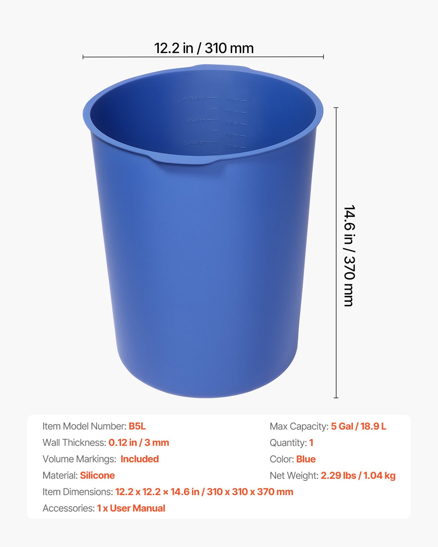 18.9L Bucket Liner for Concrete Mix, Reusable Silicone Mortar Bucket Liner for Thinset Paint Concrete Epoxy Mixing, Heavy-duty Grout Mixer Insert Tool with Graduated Measurements, Blue