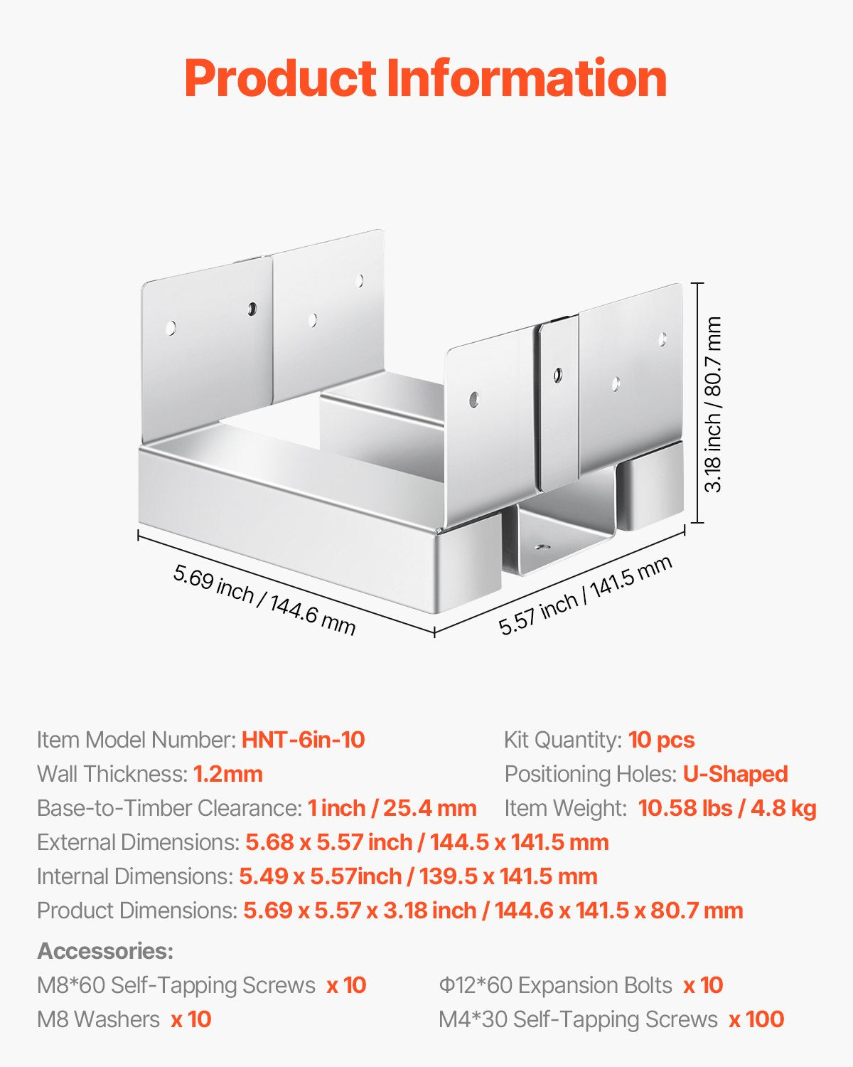 6x6 stolpfäste 10 st, innerstorlek 5,49x5,57 tum/139,5x141,5 mm betongstolpankare, kraftiga stolpfästen i förzinkat kolstål med 2,5 cm avståndshöjd, för betongpergolor/uteplatser