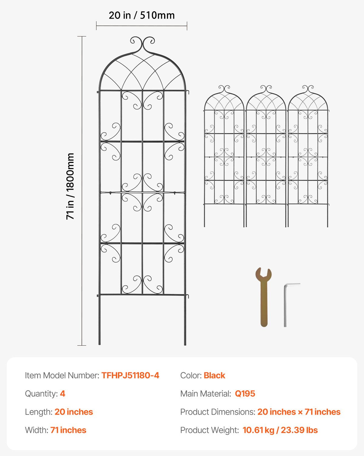 Garden Trellis for Climbing Plants, 71 x 20 in, 4 Packs Rustproof Metal Garden Flower Trellis, Outdoor Climbing Rose Trellis Cucumbers Support, Decorative Clematis Trellis for Courtyards Lawns