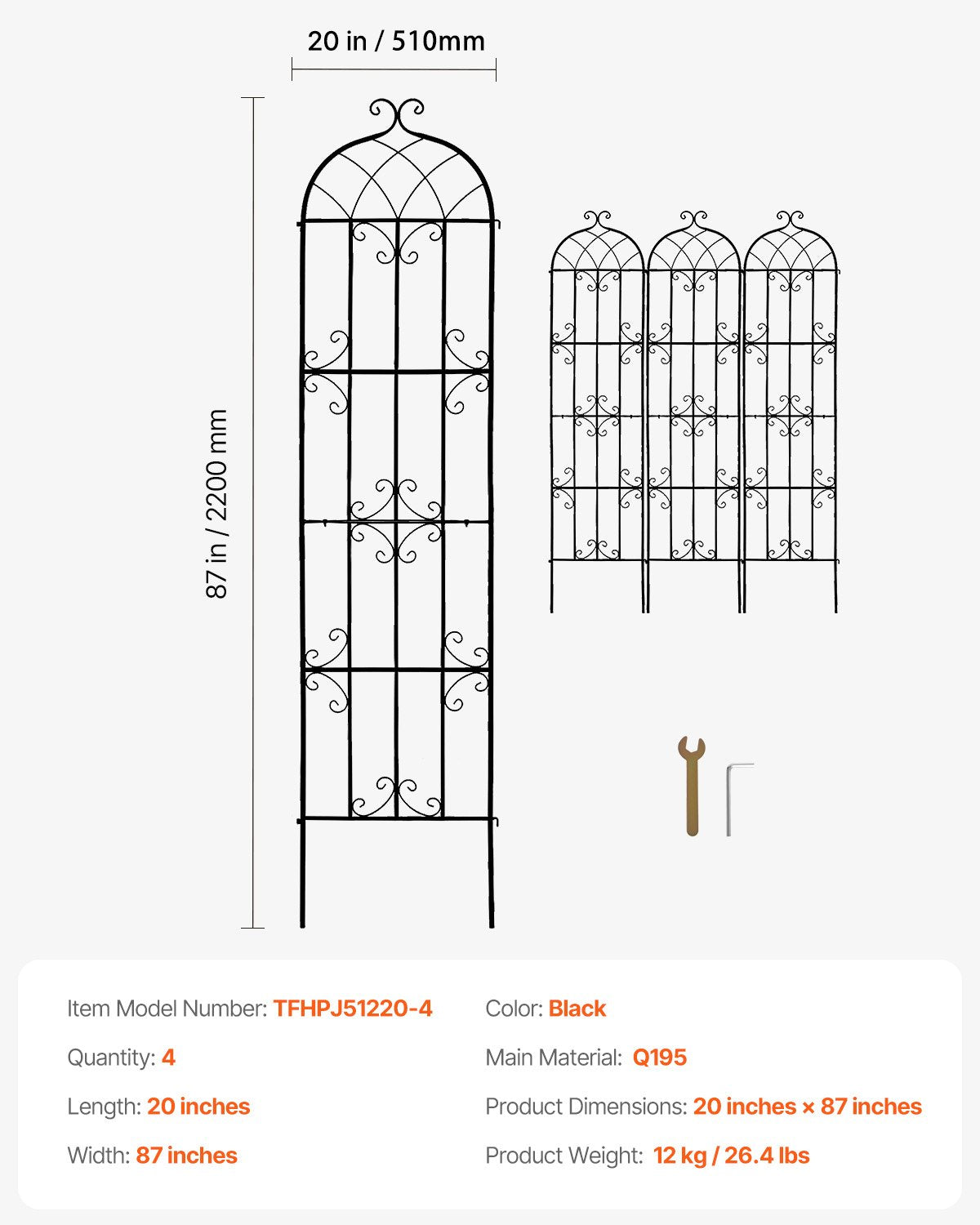 Garden Trellis for Climbing Plants, 87 x 20 in, 4 Packs Rustproof Metal Garden Flower Trellis, Outdoor Climbing Rose Trellis Cucumbers Support, Decorative Clematis Trellis for Courtyards Lawns
