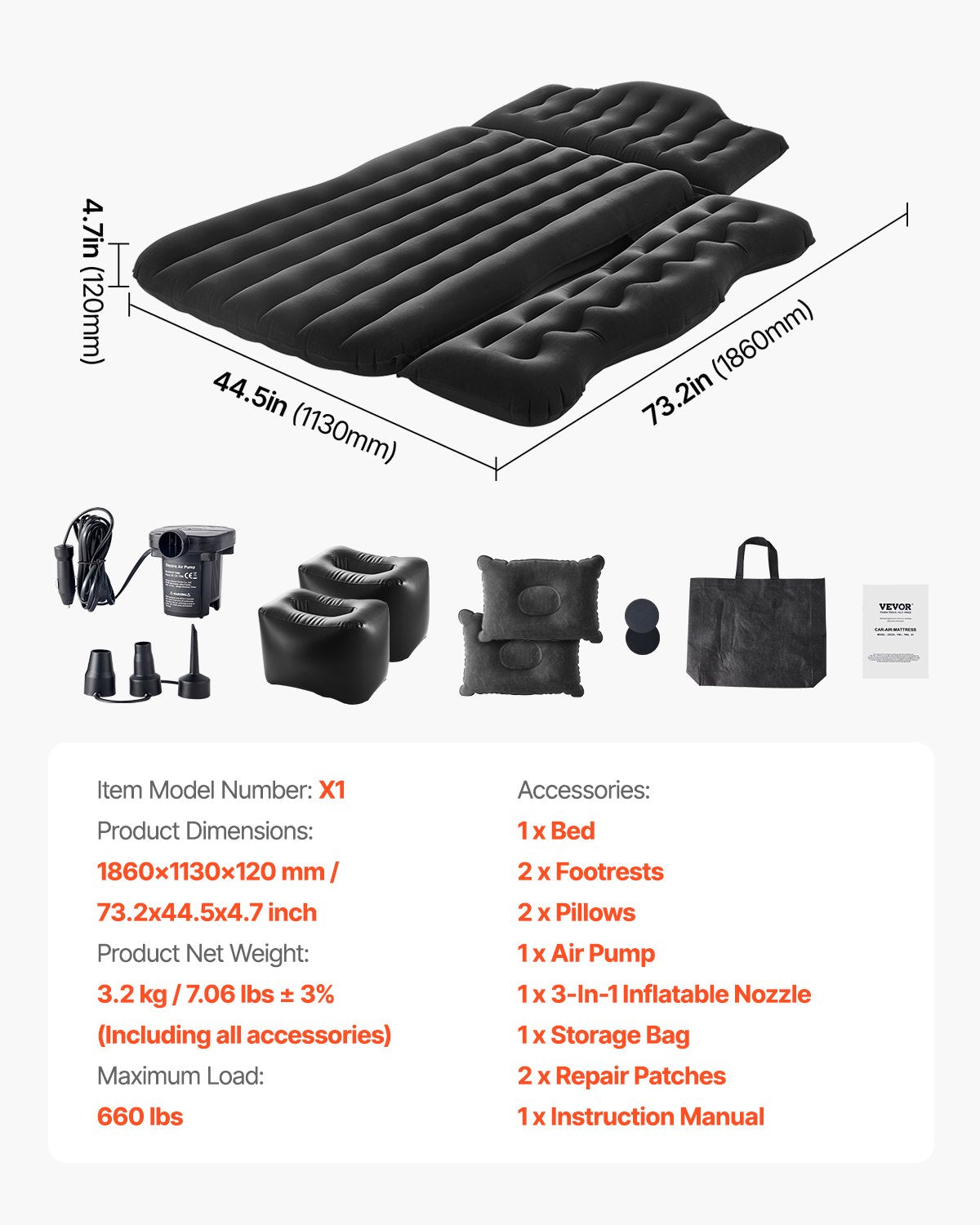 Billuftmadrass, uppblåsbar campingmadrass för baksätet, flockade resebäddar, hållbar bärbar liggunderlag med luftpump, 2 kuddar, munstycke, bärväska, passar de flesta SUV MPV sedan, svart