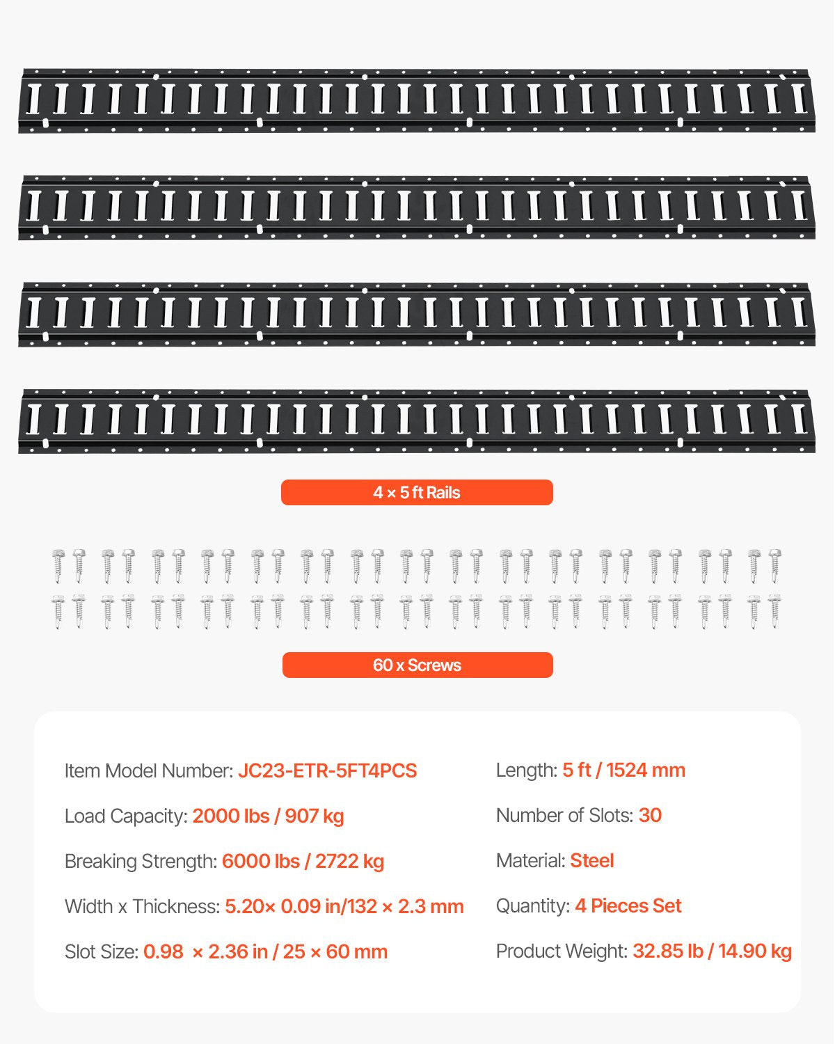 E Track Tie Down Rail Kit, 5' Steel Rails, 4 Pack, Secure Cargo & Heavy Loads Up to 2000 lbs, Heavy Duty Etrack Rails with Screws for Garages, Vans, Trailers, Motorcycle Tie Downs, ATV Mountings