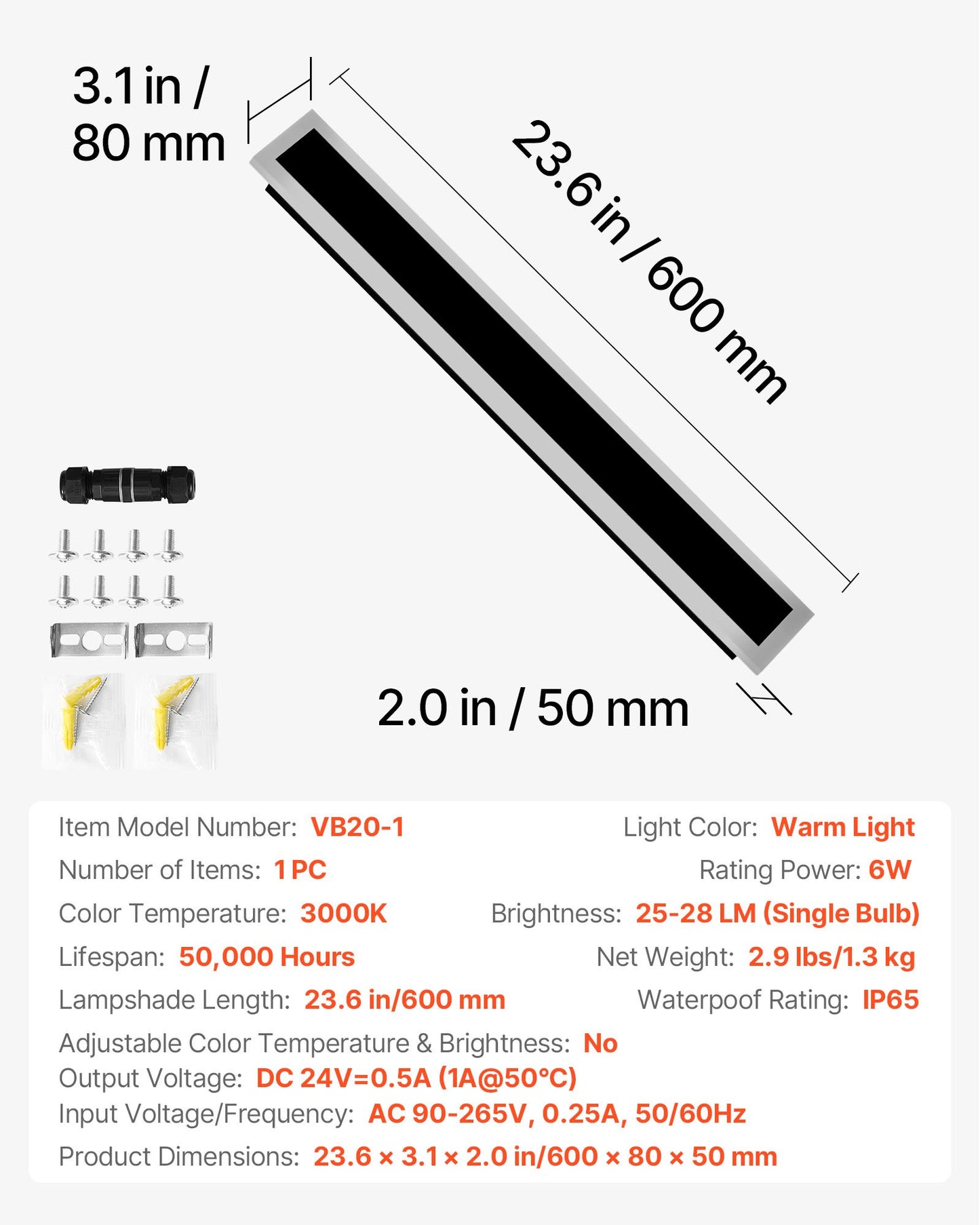 Utomhusvägglampa, 600 mm, lång list modern vägglampa för utomhusbruk, 3000K varmvit, IP65 vattentät, rostfri väggmonterad belysning för uteplats, för hus, veranda, garage