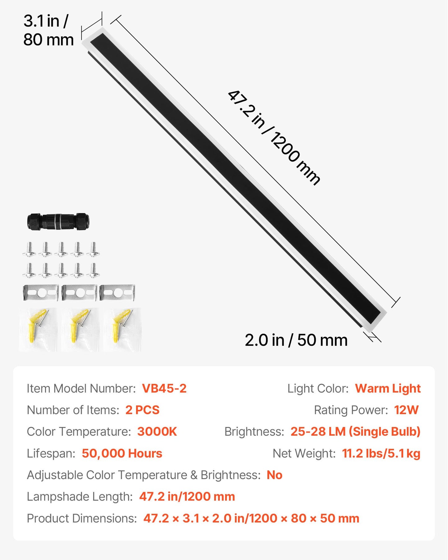 Outdoor Wall Lights, 2 Pack, 1200 mm Long Strip Modern Exterior Wall Sconce Light Fixtures, 3000K Warm White, IP65 Waterproof Anti-Rust Outside Wall Mount Lighting, for House, Porch, Garage