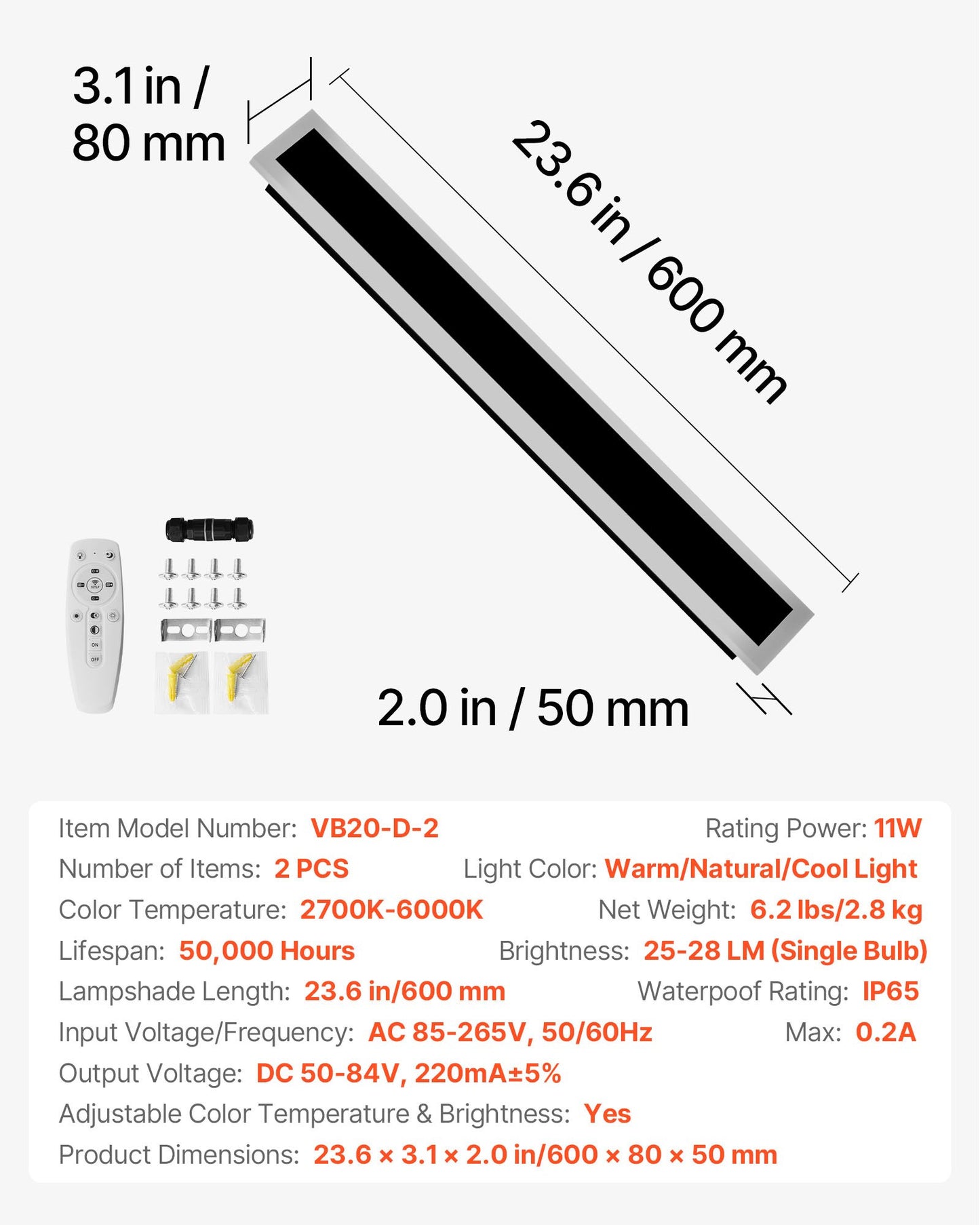 Utomhusvägglampor, 2-pack, 600 mm långa listiga moderna vägglampor för utomhusbruk, 2700K-6000K, IP65 vattentät rostskyddsklass, dimbar utomhusbelysning på vägg, för veranda, garage