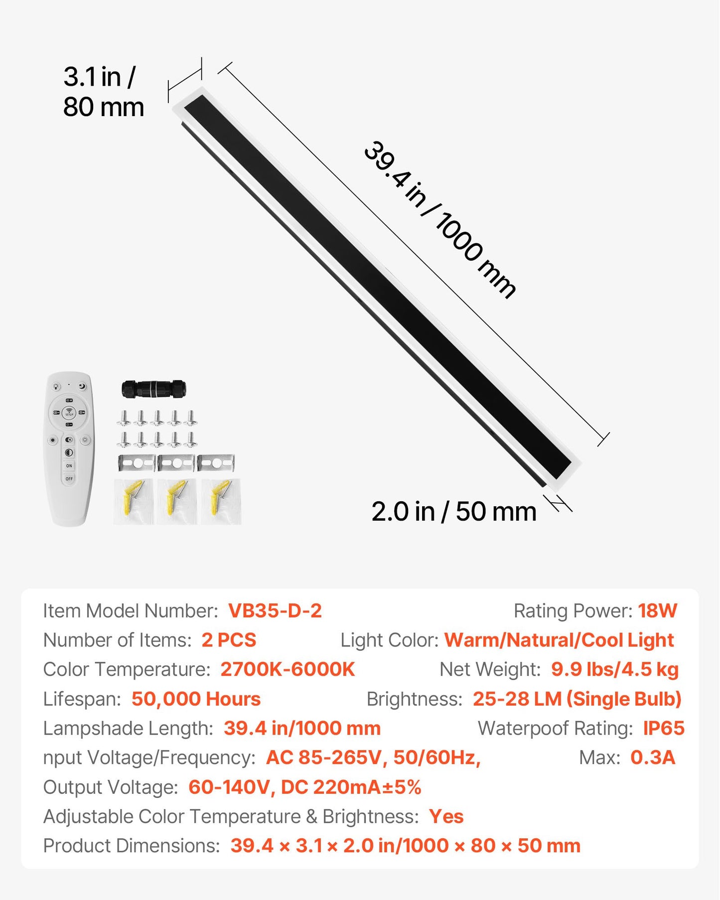 Outdoor Wall Lights, 2 Pack, 1000 mm Long Strip Modern Exterior Wall Sconce Light Fixtures, 2700K-6000K, IP65 Waterproof Anti-Rust, Dimmable Outside Wall Mount Lighting, for House Porch Garage