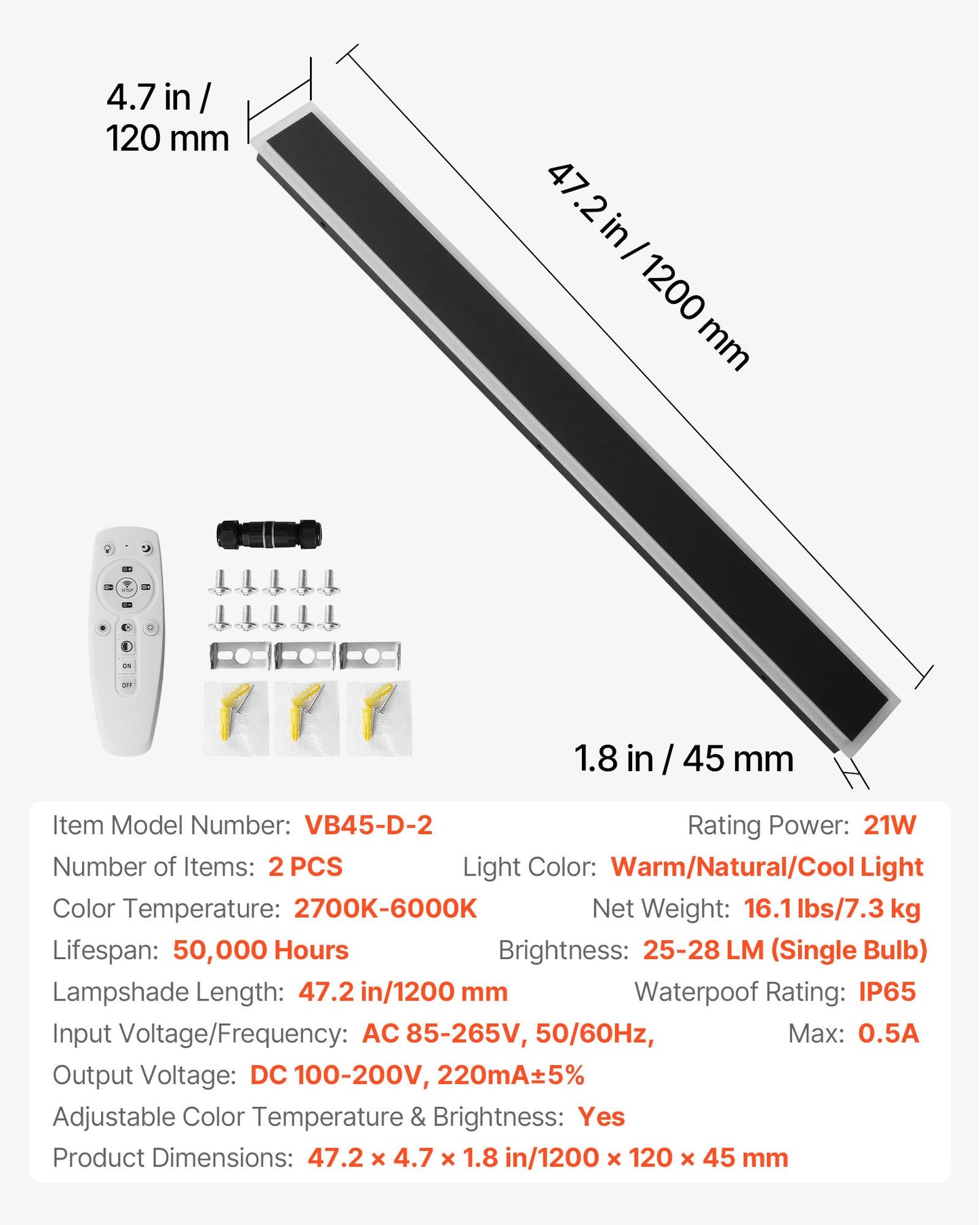 Outdoor Wall Lights, 2 Pack, 1200 mm Long Strip Modern Exterior Wall Sconce Light Fixtures, 2700K-6000K, IP65 Waterproof Anti-Rust, Dimmable Outside Wall Mount Lighting, for House Porch Garage