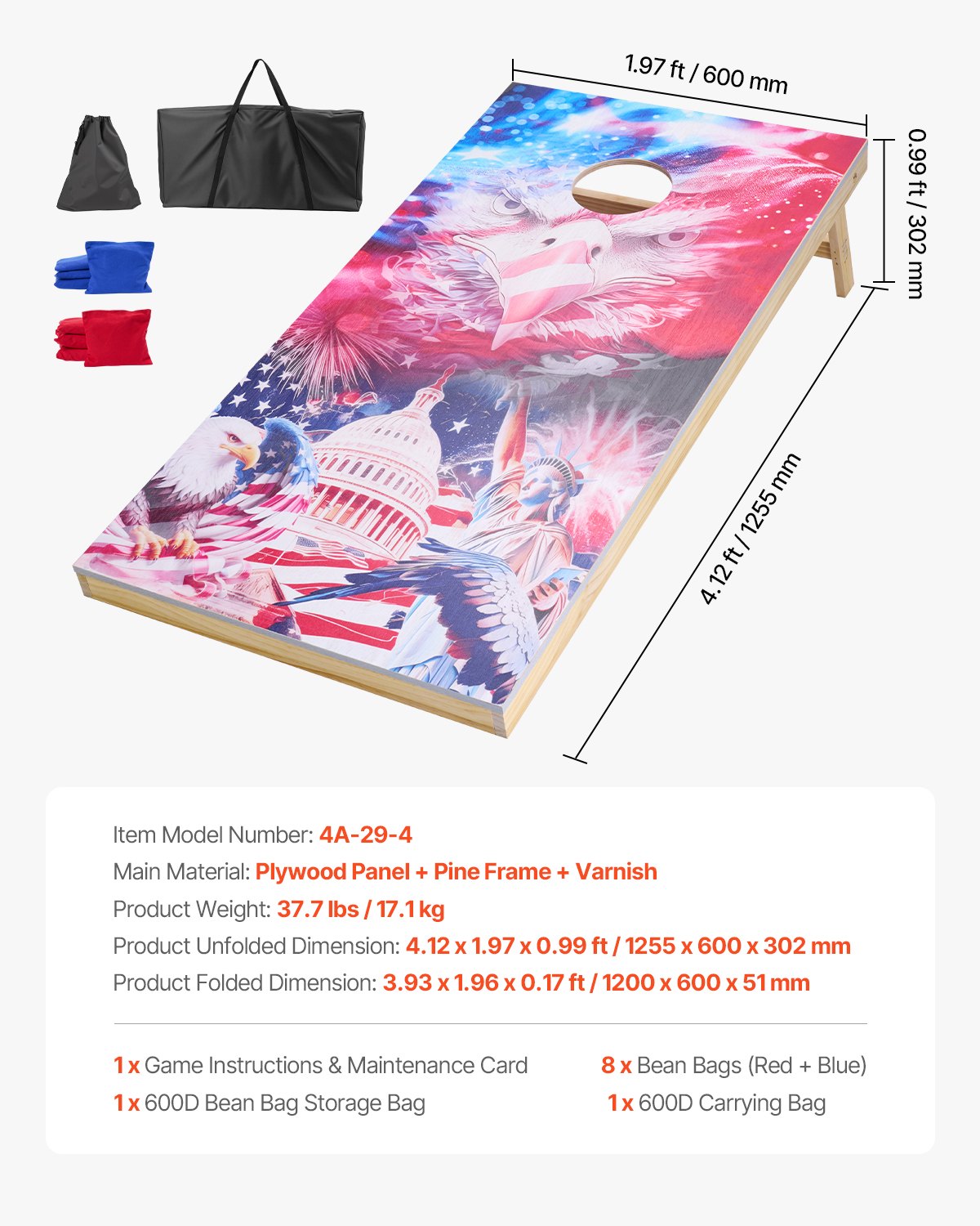 Cornhole-set, 4x2 fot Cornhole-spelbrädor, bärbar kastabräda i massivt trä, inomhus- och utomhusspel för vuxna, inkluderar 8 säckar och bärväska, för trädgården, bakgården, stranden, camping