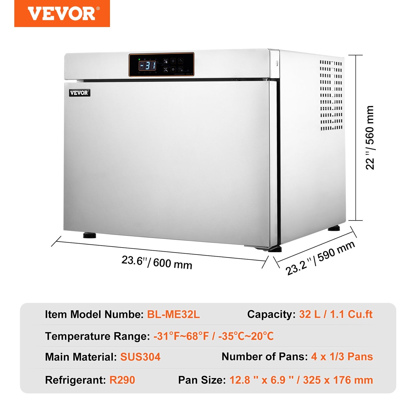 Commercial Blast Freezer, 32 L / 1.1 Cu.ft Blast Chiller with 4 1/3 Trays, Blast Chiller Freezer Chest with Cooling & Freezing Modes, Stainless Steel Food Blast Freezer for Restaurant, Seafood