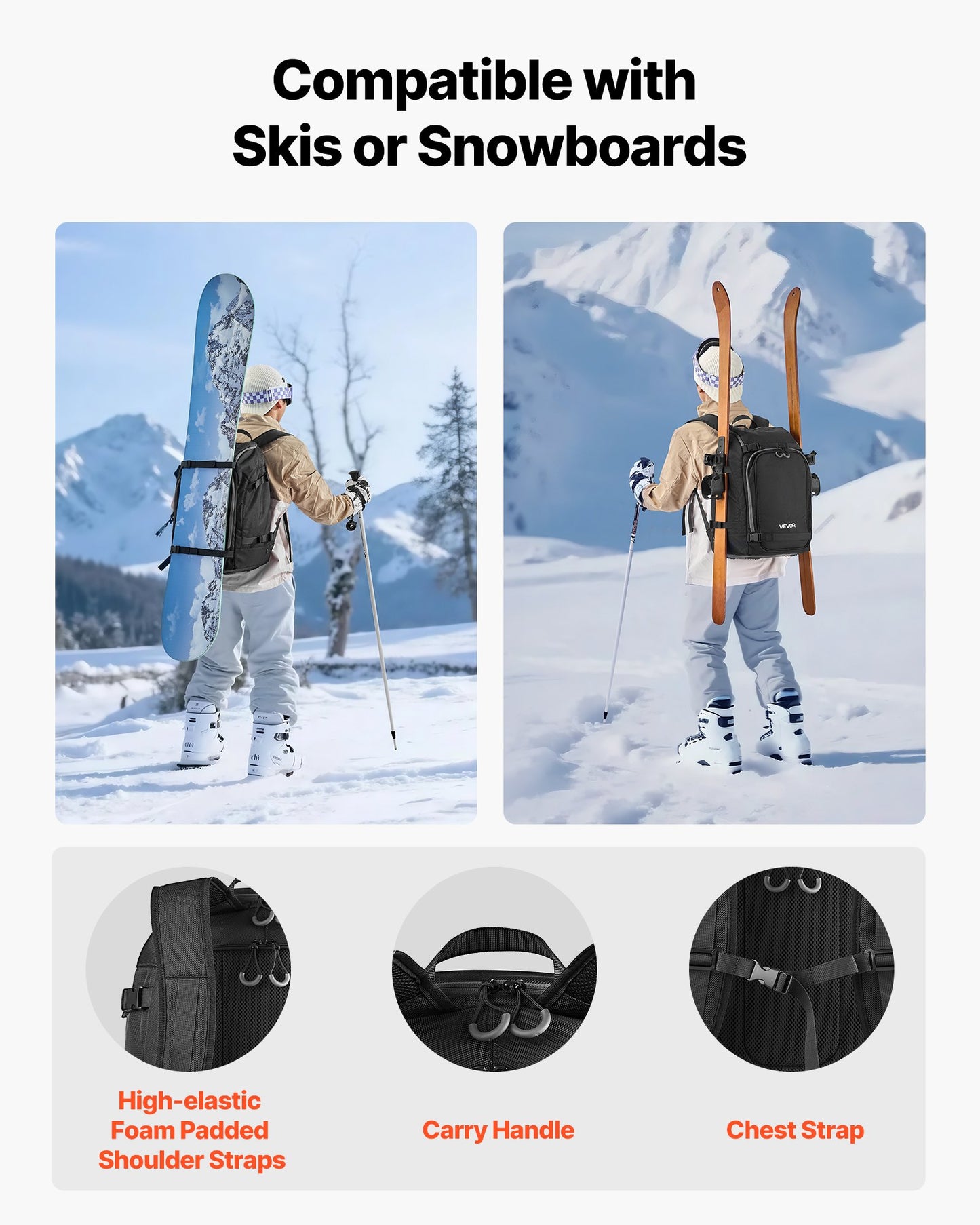 Ski Boot Bag, 55L, Snowboard Boots Travel Backpack for Men Women, with Waterproof Exterior & Bottom, Durable 1680D Oxford, Bag for Skis, Snowboard, Helmet, Goggles, Gloves, Accessories (Black)