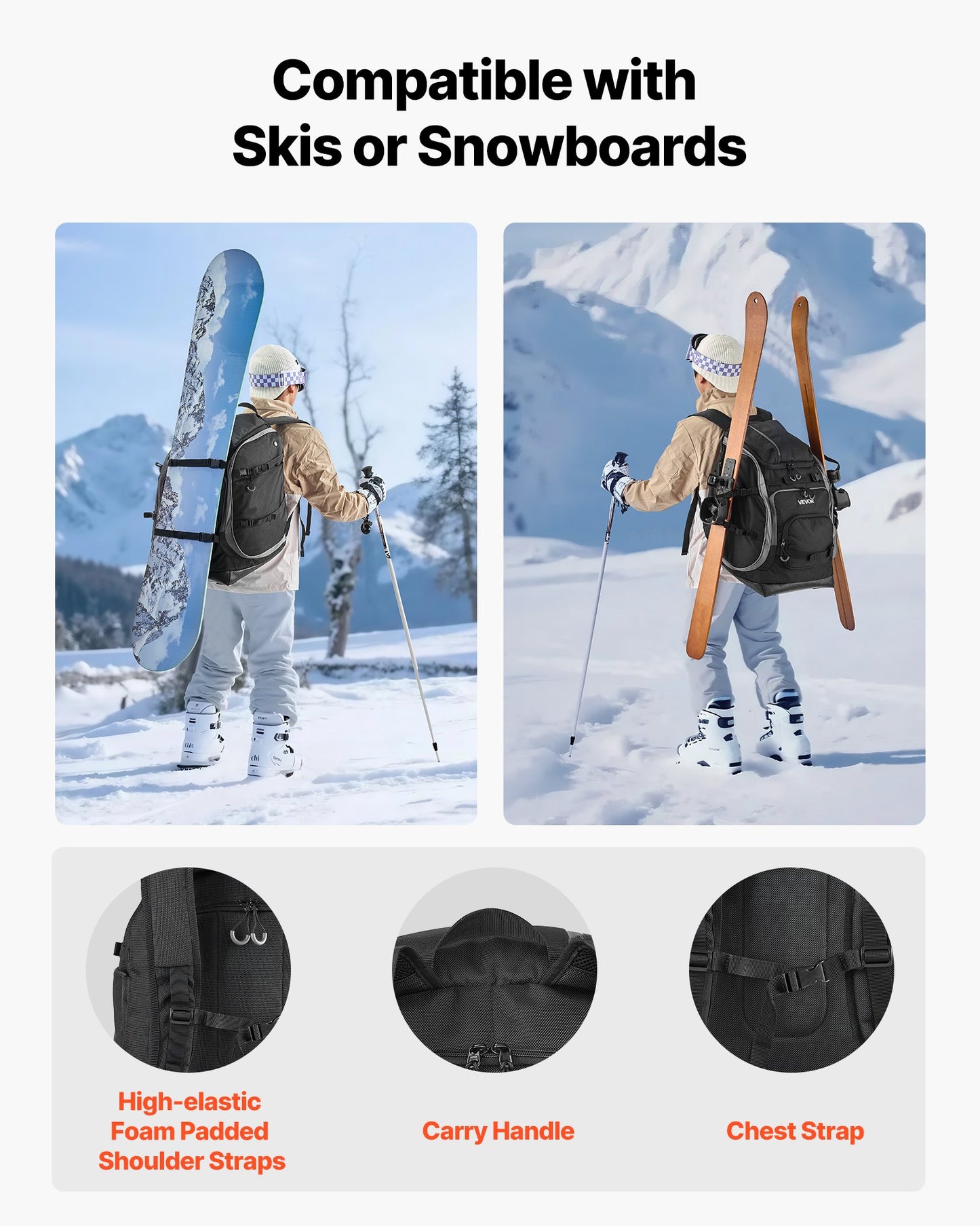 Ski Boot Bag, 70L, Snowboard Boots Travel Backpack for Men Women, with Waterproof Exterior & Bottom, Durable 1680D Oxford, Bag for Skis, Snowboard, Helmet, Goggles, Gloves, Accessories (Black)