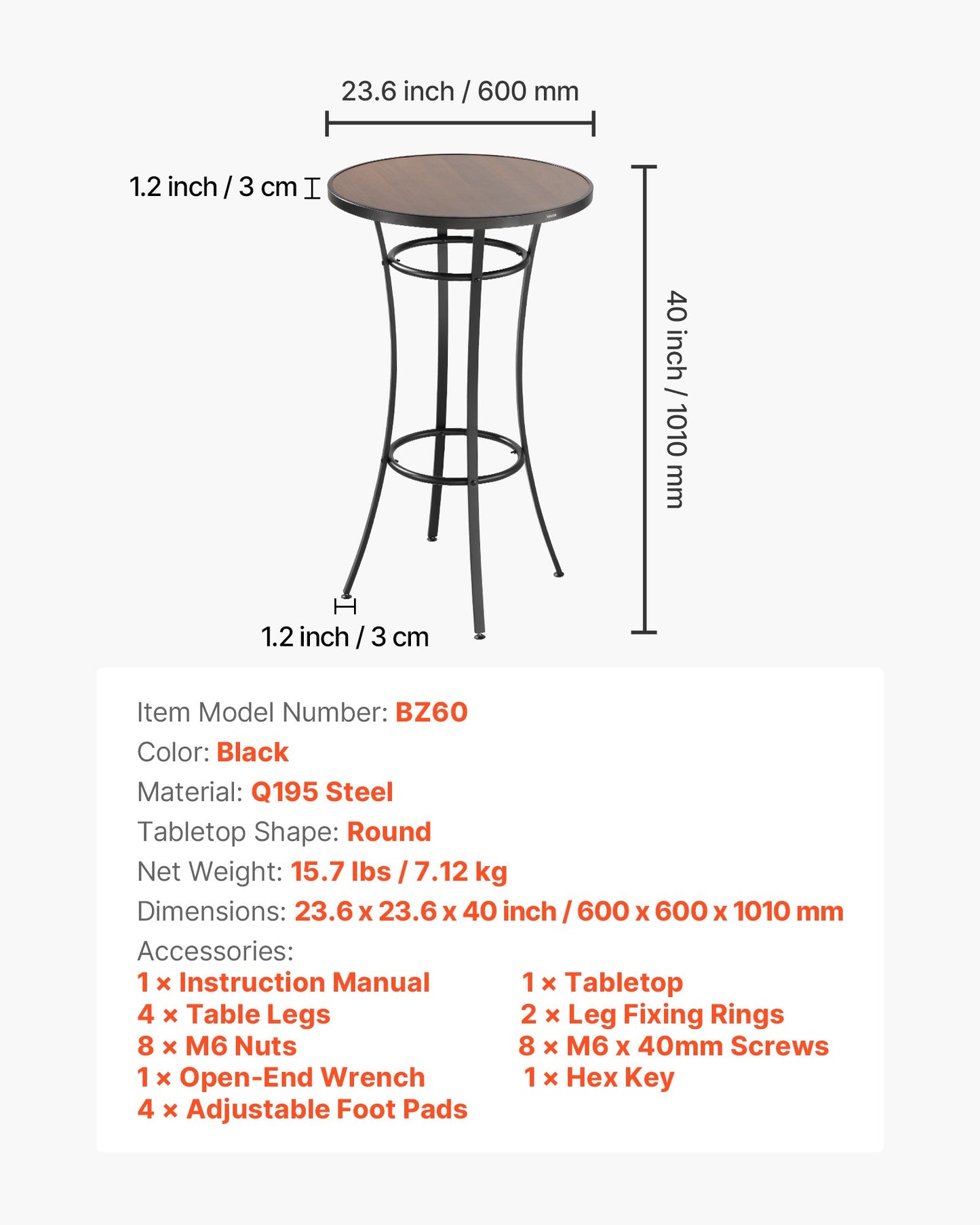 Outdoor Round Bar Table, 60 cm Counter Bar Height Bistro Table, Patio Dining Tables with Easy-to-Clean Top & Sturdy Metal Frame, Indoor High Top Pub Tables for Small Places, Kitchen