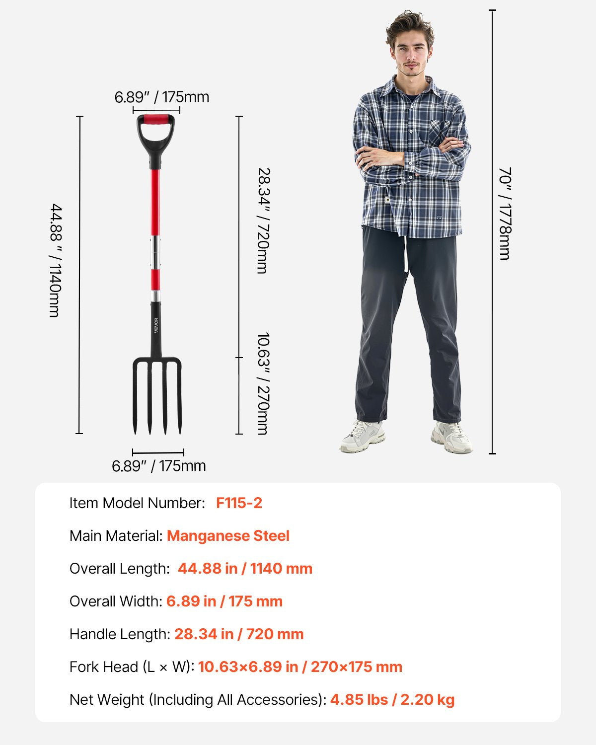 Garden Fork, 4-Tine Gardening Pitchfork with Fiberglass Handle, 45 in Heavy Duty Digging Fork with Y Grip, Forged Steel Spading Fork for Hay Potato Composting Transplanting Aeration