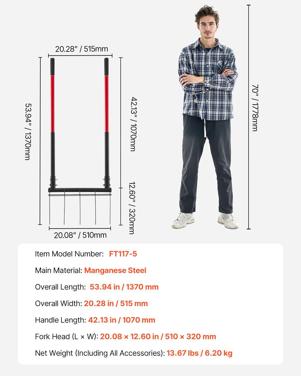 Broad Fork, 5-Tine Pitchfork with Dual Fiberglass Handles, Heavy Duty Garden Fork , Ergonomic U-Shaped Design Broadfork Hand Tiller, Gardening Tool for Composting Transplanting Aeration