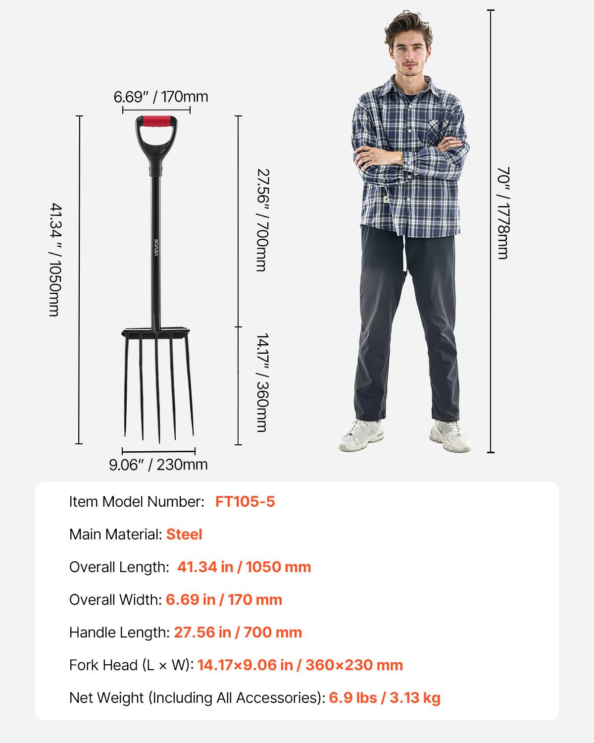 Trädgårdsgaffel, 5-tandig trädgårdshögaffel med metallhandtag, 41 tum kraftig grävgaffel med Y-grepp, smidd spatgaffel i stål för hö, potatiskompostering, omplantering, luftning