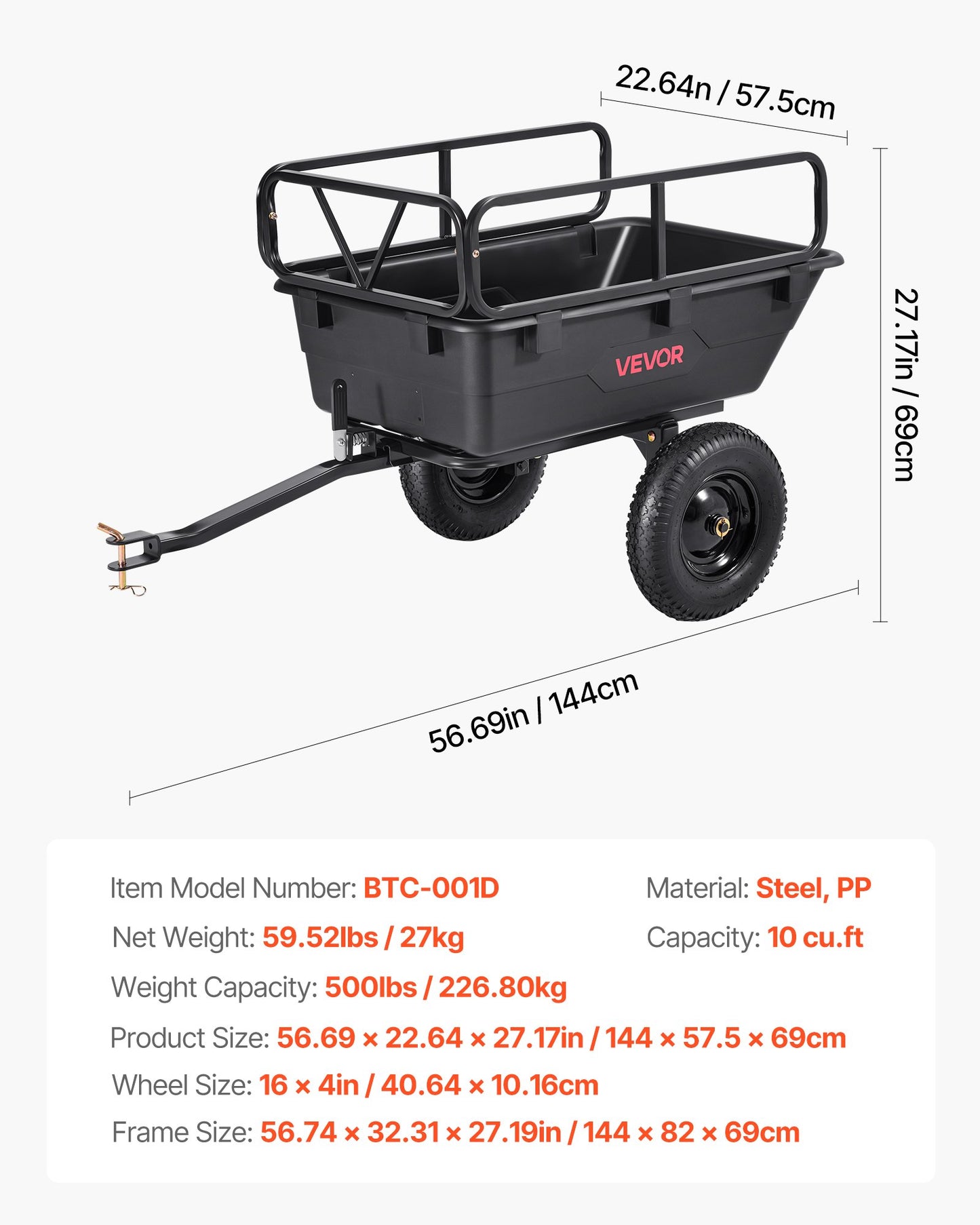 Garden Utility Trailer, 10 Cu. Ft 227 kg, ATV UTV Hauling Trailer, Tow Behind Poly Dump Cart with 16" Tires, Hand Pull or Foot Pedal, Heavy Duty Yard Trailers for Lawn Mower Tractor Garden Waste
