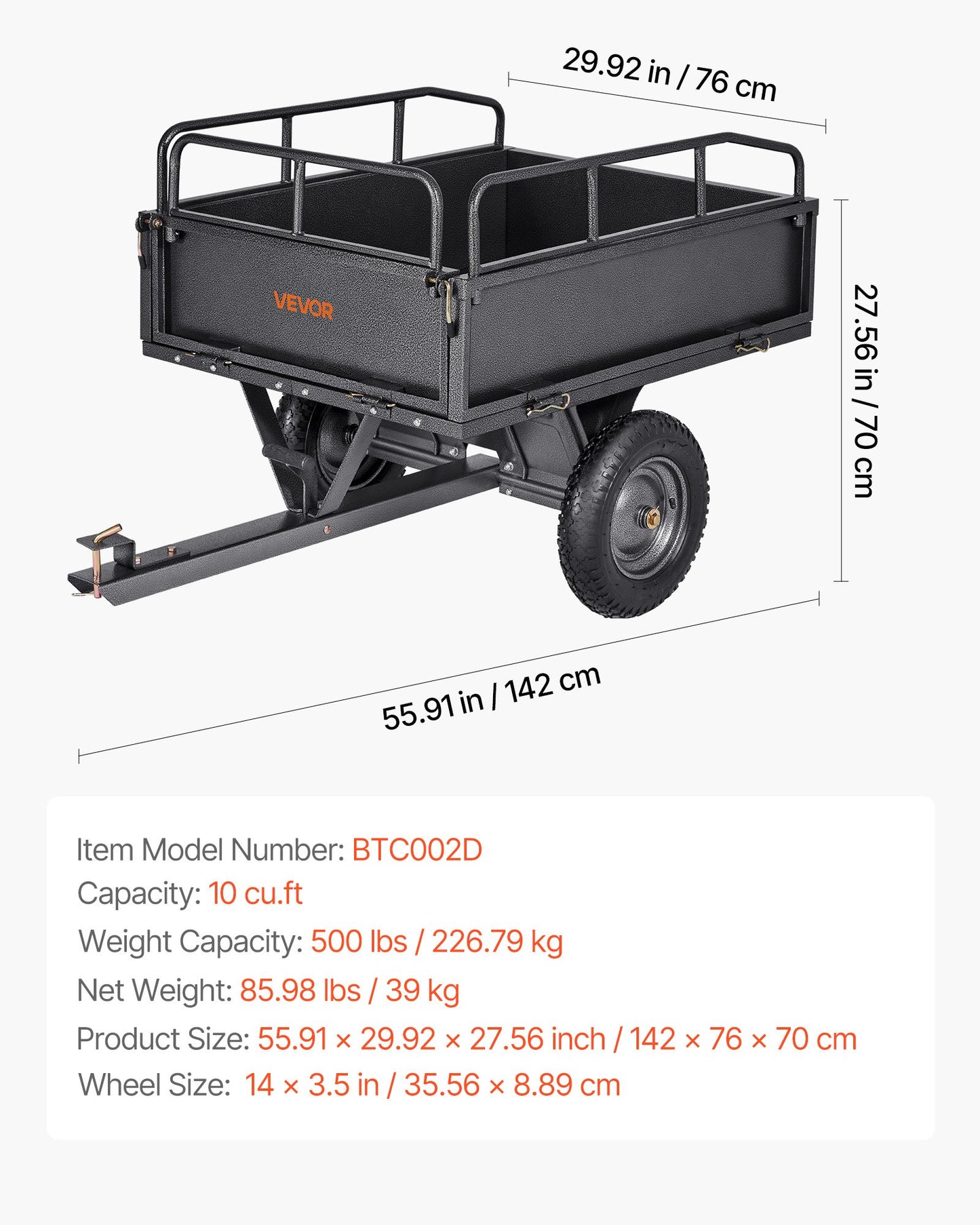 Garden Utility Trailer, 10 Cu. Ft & 227 kg Capacity, ATV UTV Hauling Trailer, Tow Behind Steel Dump Cart with 14" Tires, Hand Pull or Foot Pedal, Heavy Duty Yard Trailers for Lawn Mower Tractor