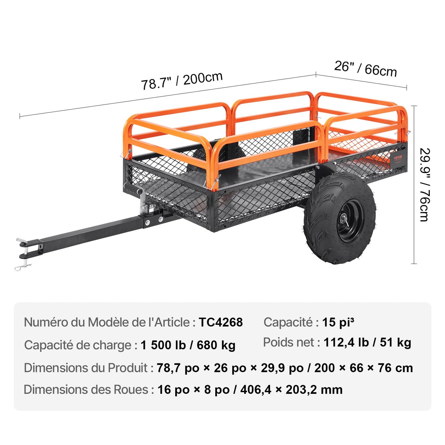 Heavy Duty Steel ATV Dump Trailer, 680 kg Load Capacity 0.43 Cubic Meter, Tow Behind Dump Cart Garden Trailer, with Removable Sides and 2 Tires, for Mowers, Tractors, ATV, UTV