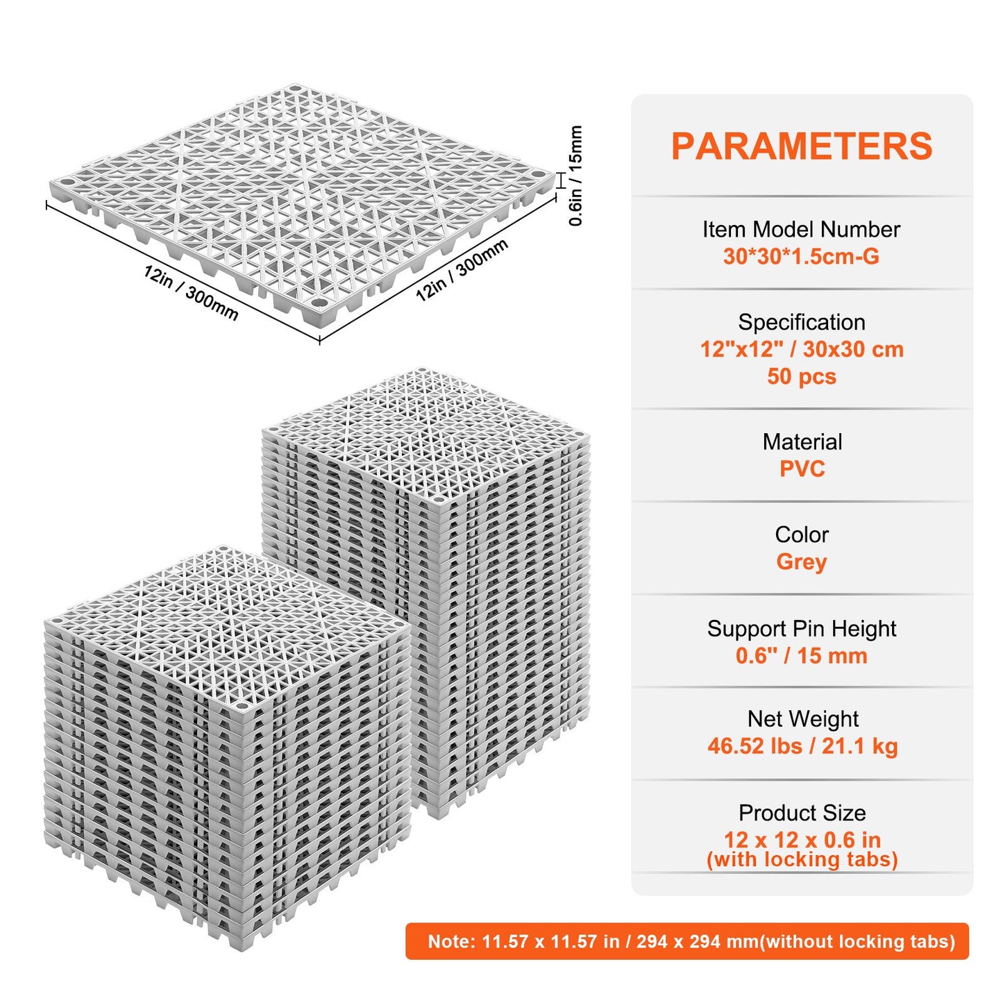 Modular Interlocking Cushion, 50 Pack 30 x 30 cm Splicing Drainage Mats, Soft PVC Interlocking Drainage Floor Tiles, Non-Slip Drainage Holes for Restroom, Bathroom, Kitchen, Pool, Wet Area, Gray