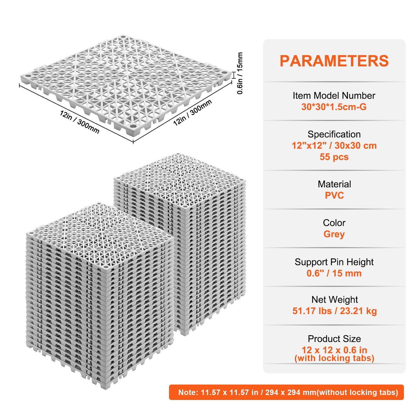 Modular Interlocking Cushion, 55 Pack 30 x 30 cm Splicing Drainage Mats, Soft PVC Interlocking Drainage Floor Tiles, Non-Slip Drainage Holes for Restroom, Bathroom, Kitchen, Pool, Wet Area, Gray
