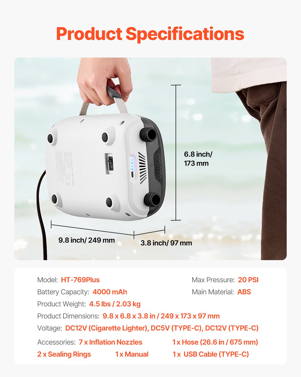 20PSI paddelbrädspump, laddningsbart batteridriven, tvåstegs uppblåsning och tömning av SUP-luftpump med automatisk avstängningsfunktion och 12V DC-bilkontakt, perfekt för uppblåsbara båtar, tält och madrasser