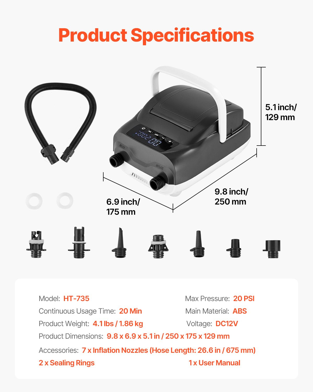 Paddelbrädepump, 20PSI högtryck, tvåstegs uppblåsning och tömning SUP-luftpump med automatisk avstängningsfunktion och 12V DC-bilkontakt, idealisk för uppblåsbar paddelbräda, tält och madrasser