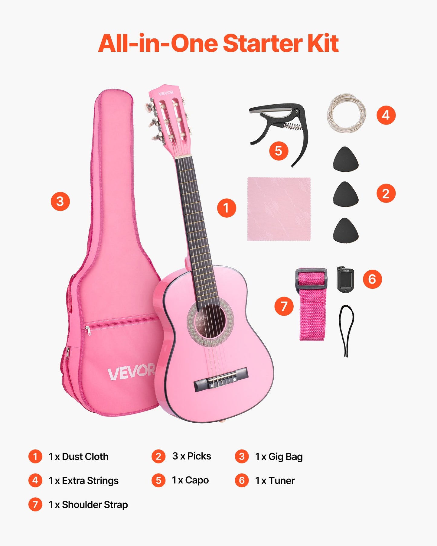 Klassisk gitarr, 780 mm, startkit för klassisk gitarr i trä för nybörjare, med nylonsträngar, gigbag, rem, stämapparat, extra strängar, plektrum, capo, linsträ, för barn flickor pojkar studenter, rosa