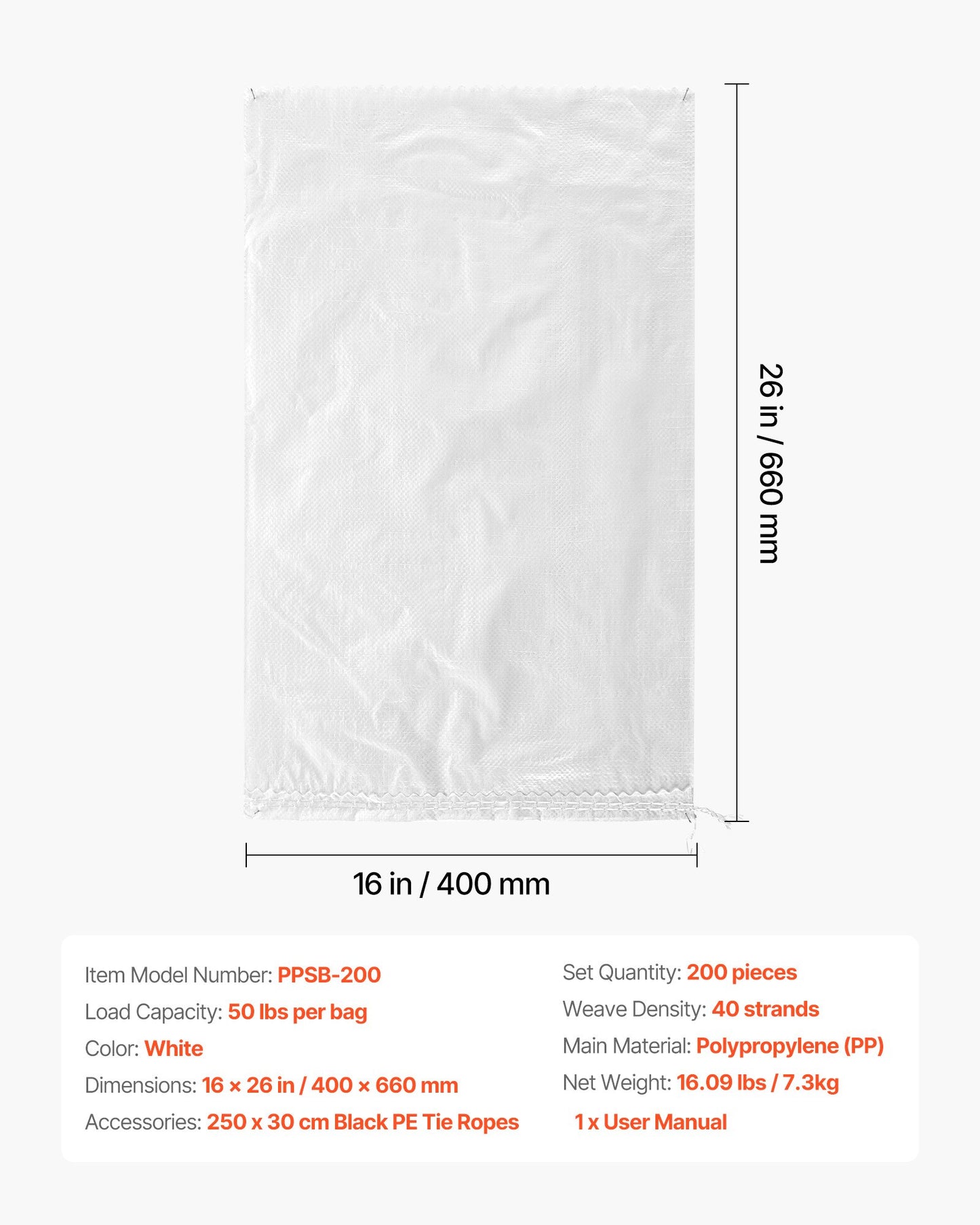 Empty Sandbags, 200 Packs 40 x 66 cm, Heavy Duty Sand Bags Sacks with Ties, 22.6kg Capacity Woven Polypropylene Sandbags, Tear-Resistant & UV-Resistant Sand Bags for Flood Protection Barrier