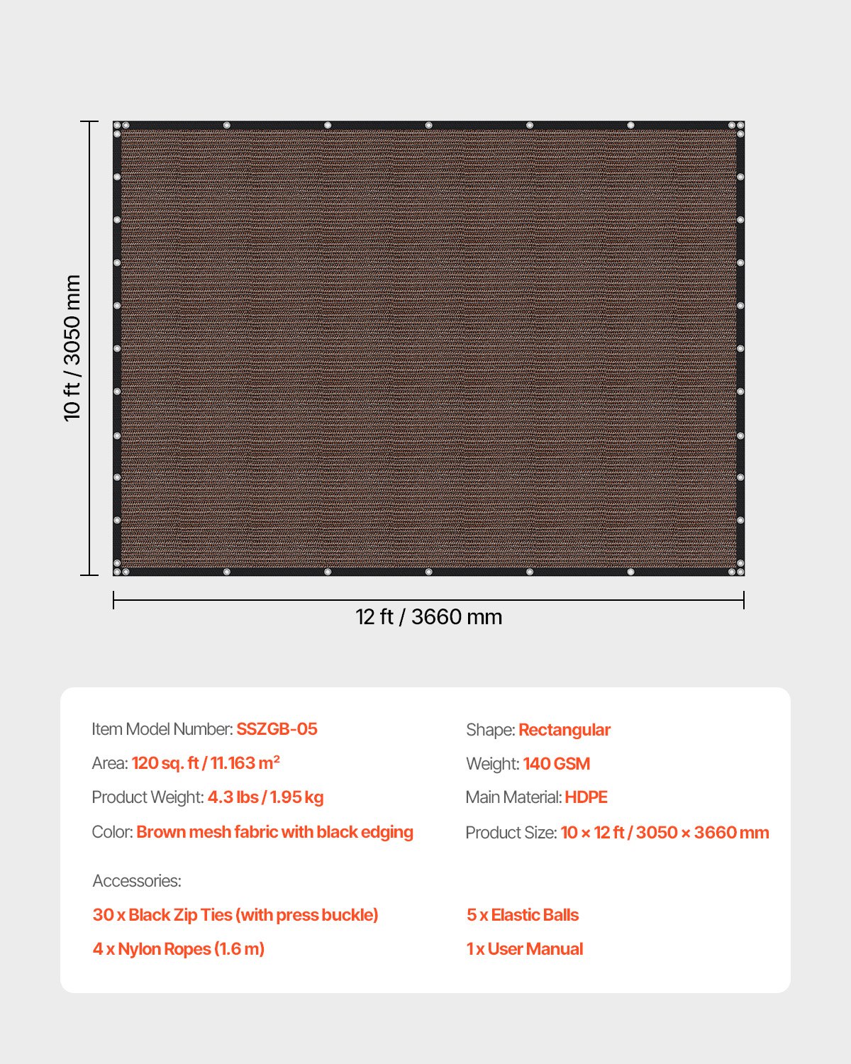90% Sun Shade Cloth, 10 x 12 ft Pergola Shade Cover with Stainless Steel Grommets, Sun Shades Canopy Privacy Screen with 140 GSM HDPE Material, for Outdoor, Patio, Garden, and Backyard (Brown)