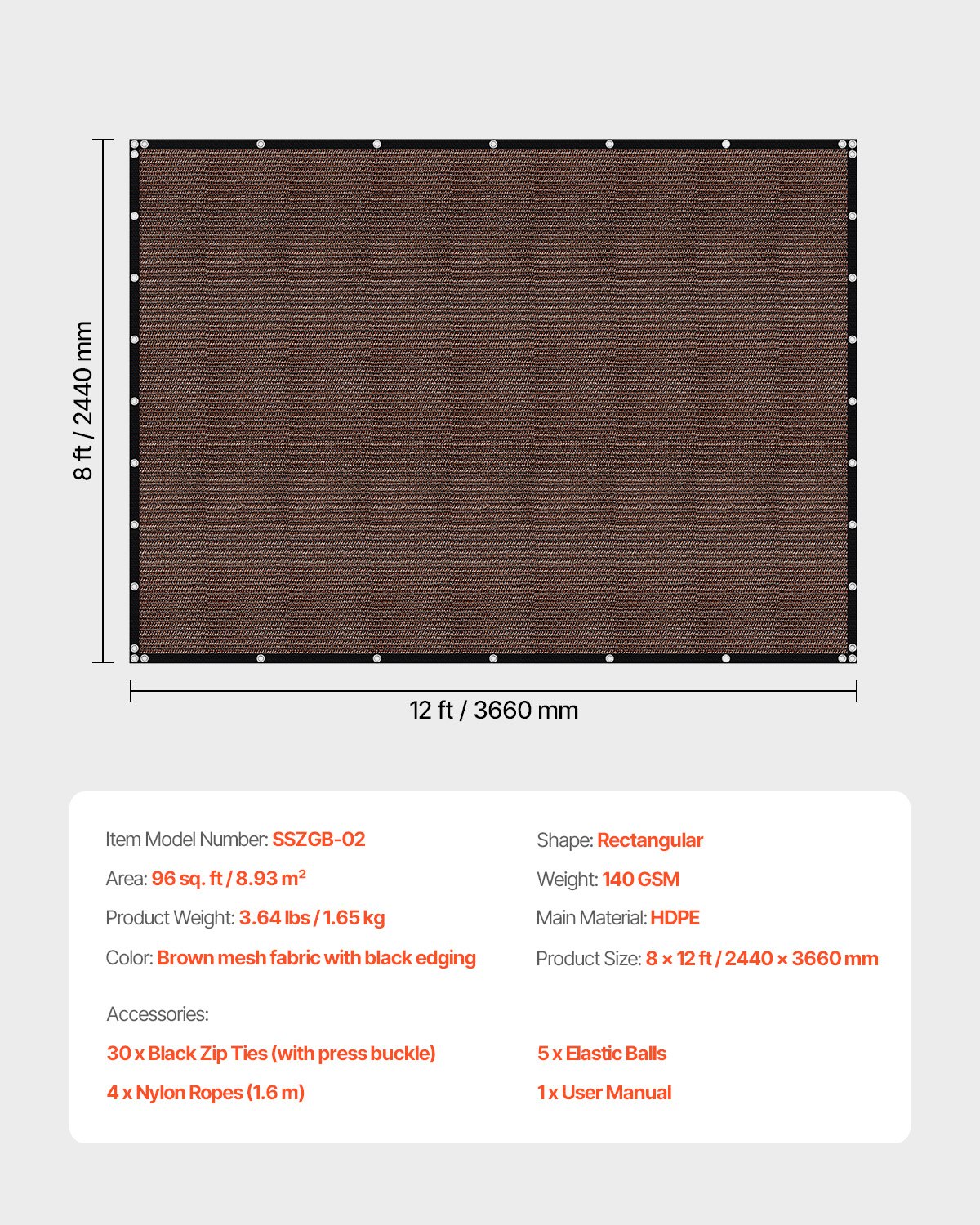 90% Sun Shade Cloth, 8 x 12 ft Pergola Shade Cover with Stainless Steel Grommets, Sun Shades Canopy Privacy Screen with 140 GSM HDPE Material, for Outdoor, Patio, Garden, and Backyard (Brown)