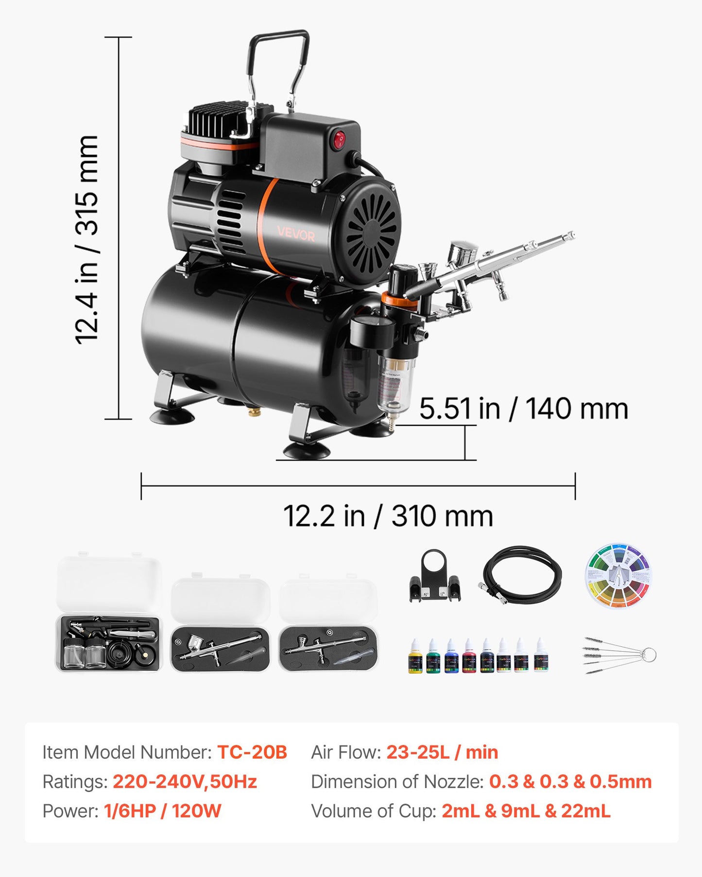 Airbrush-kit, 1/6 hk, Airbrush-kit med luftkompressor och tank, 3 professionella airbrushar med dubbelverkande effekt och 3 munstycken, slang, akrylfärg, 2 fläktar, för tårtdekorering, modellmålning, nagelkonst