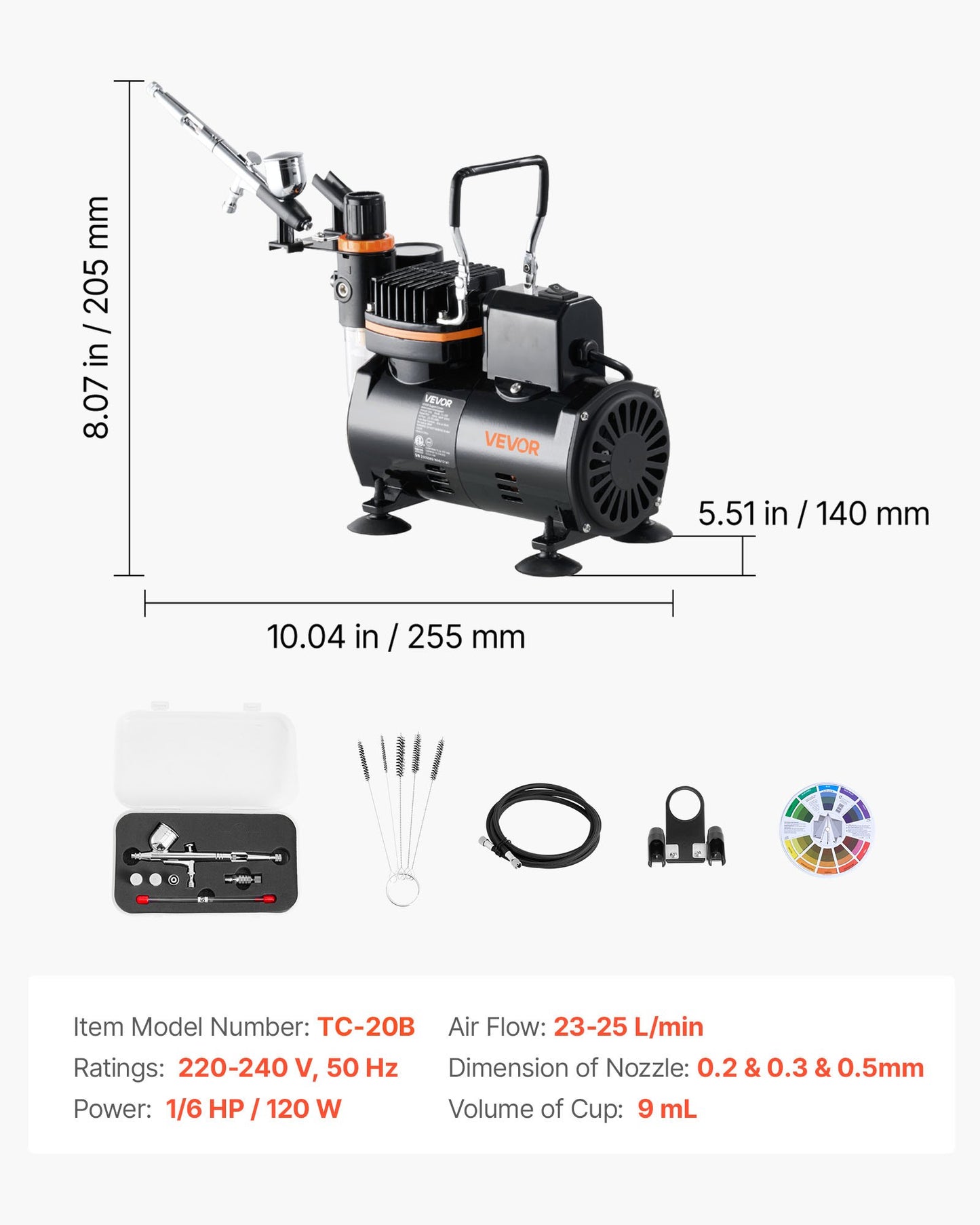 Airbrush Kit, 1/6 HP, Air Brush Kit with Air Compressor, 1 Dual-Action Professional Airbrush with 3 Tips, Hose, Holder, Cleaning Set, Low Noise, for Cake Decorating, Model Painting, Nail Art
