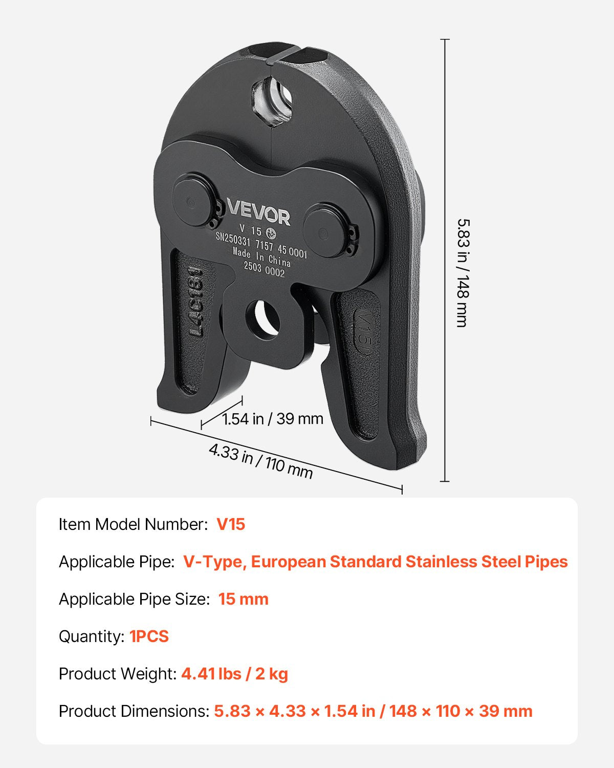 V15 Pressing Jaw, 15mm Press Jaw for V-Type Stainless Steel Pipes, High-Strength Carburized Steel Crimping Jaws Compatible with Standard Press Tools