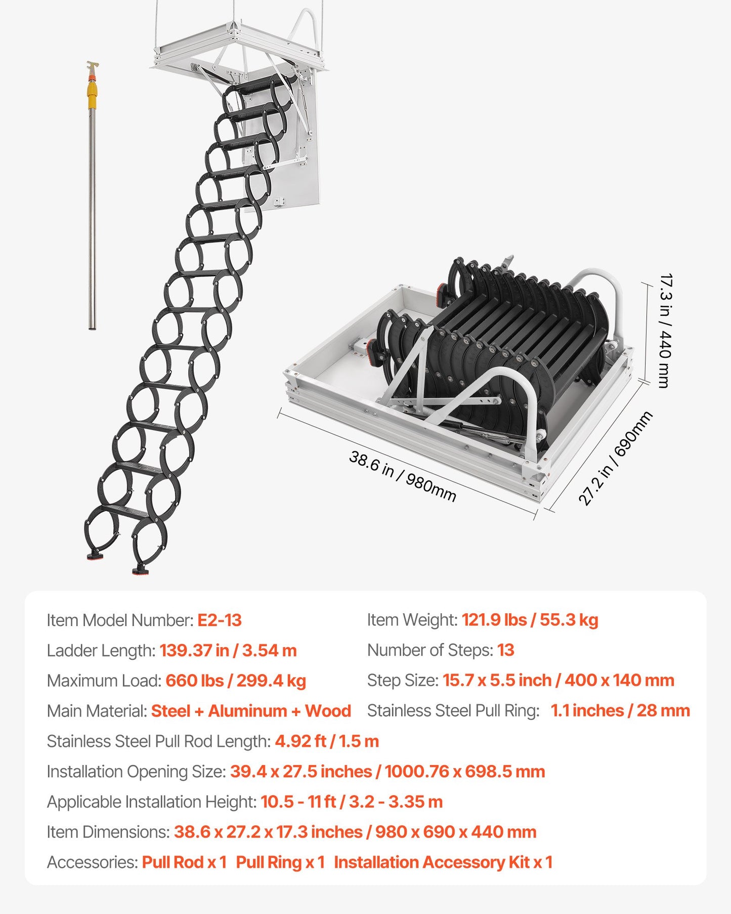 Attic Ladder, 660LBS/299.4KG Capacity, Fits 10.5 to 11 ft Ceiling Height and 39.4 x 27.5 inch Opening Size, Alloy Steel Pull-Down Retractable Ceiling Stair with Pulling Rod for Attic Loft Roof