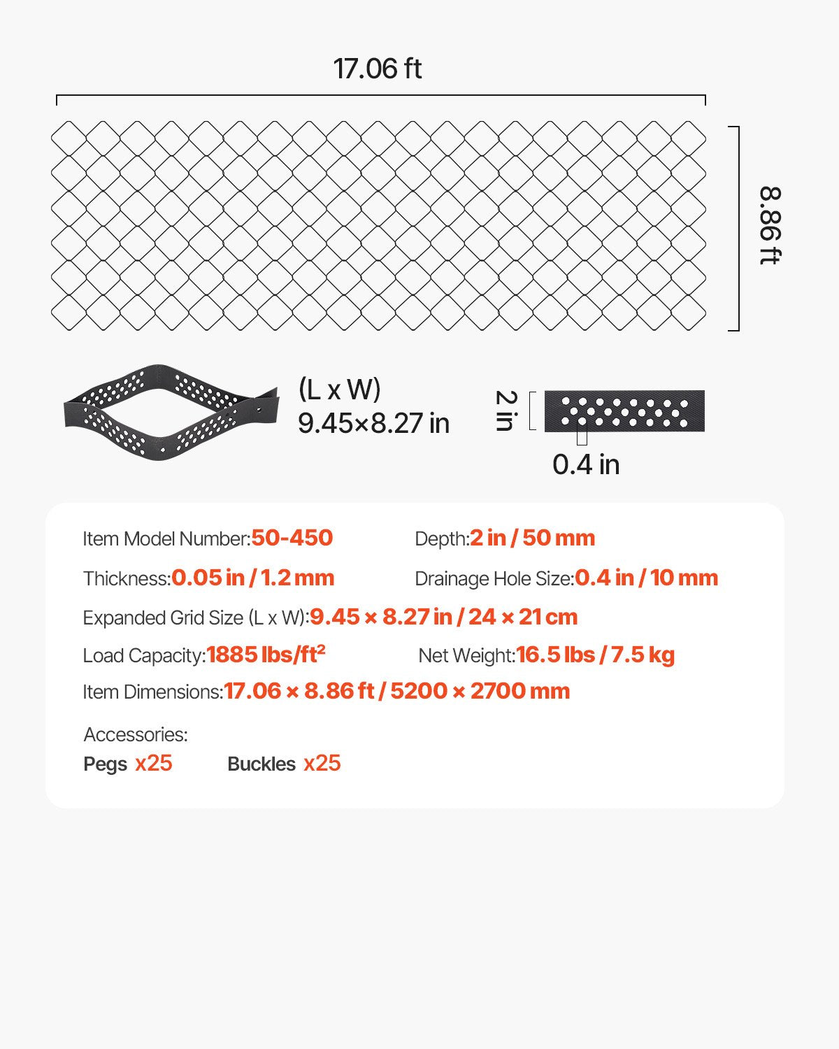 Gravel Grid, 2 Inch Depth, 17.06 x 8.86 FT / 5200 x 2700 mm, 1880 LBS Per Sq ft Grass Ground Retainer, Permeable Geo Grids Driveway Stabilization, for Garden, Patio, Walkway, RV Parking Slopes