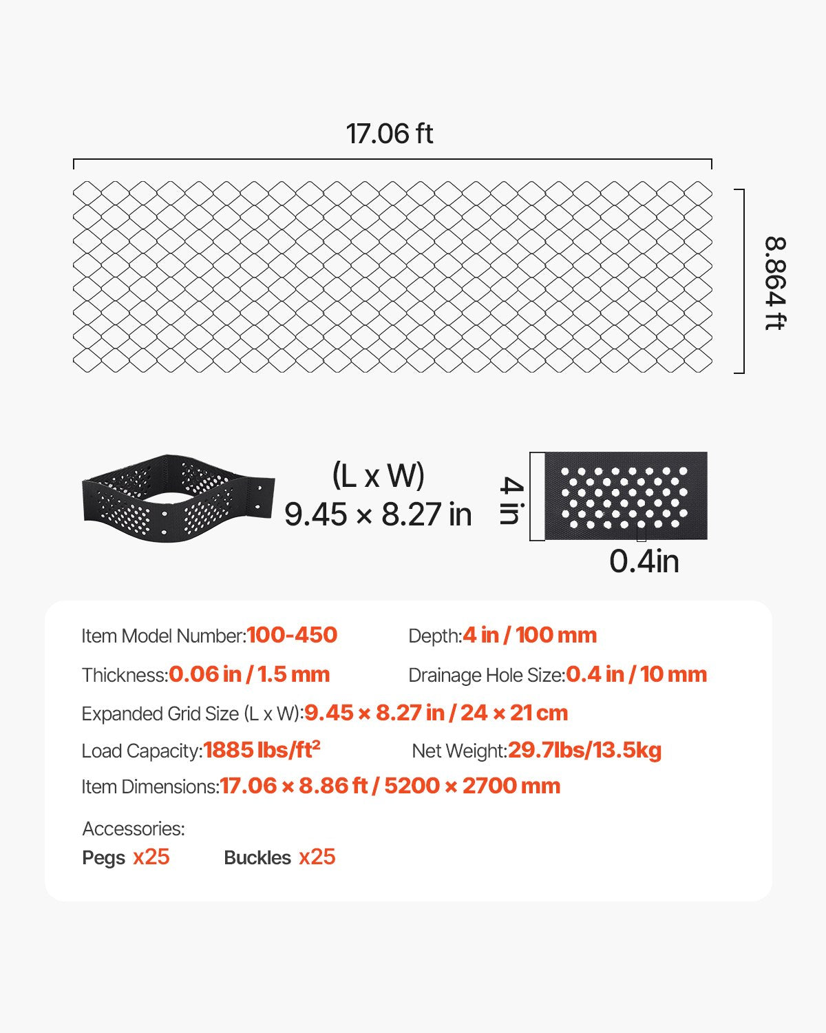 Gravel Grid, 4 Inch Depth, 17.06 x 8.86 FT / 5200 x 2700 mm, 1880 LBS Per Sq ft Grass Ground Retainer, Permeable Geo Grids Driveway Stabilization, for Garden, Patio, Walkway, RV Parking Slopes