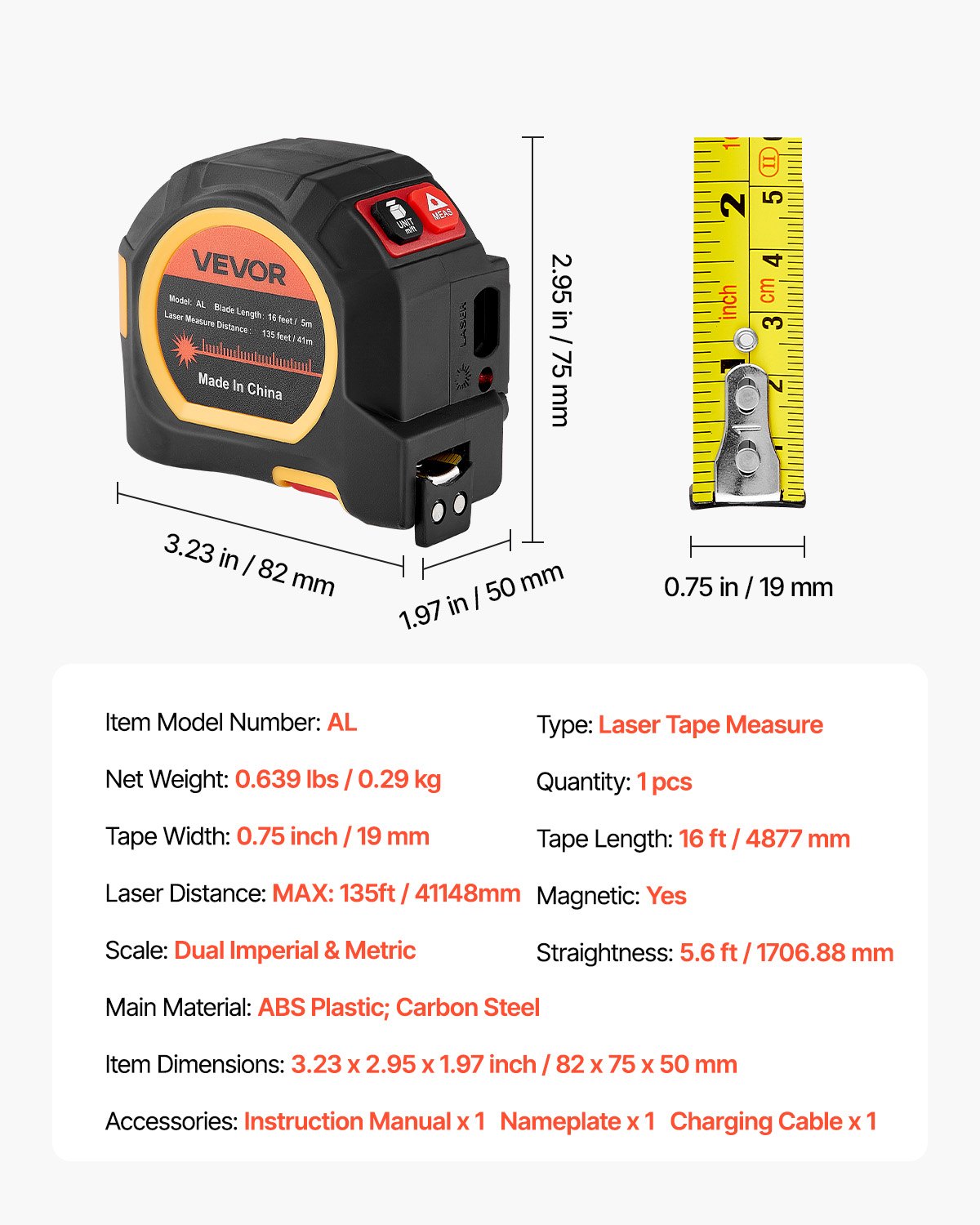 2-in-1 Laser Tape Measure, 41m Rechargeable Laser Measurement Tool & 4.8m Measuring Tape with Magnetic, 4 Modes-Length, Area, Volume, Continuous,ft/in/m/ft+in Unit,for Outdoor,Decoration