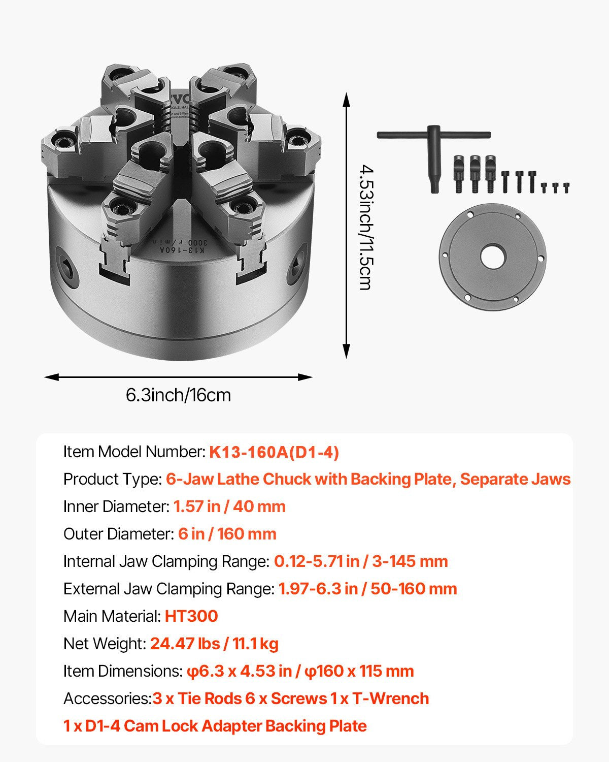 6-Jaw Lathe Chuck, 6 Inch (160 mm), Self-Centering Chuck with D1-4 Cam Lock Backing Plate, 0.12-5.71 in (3-145 mm) Clamping Range with T-wrench Screws, HT300 Material, for Wood Metal Lathe