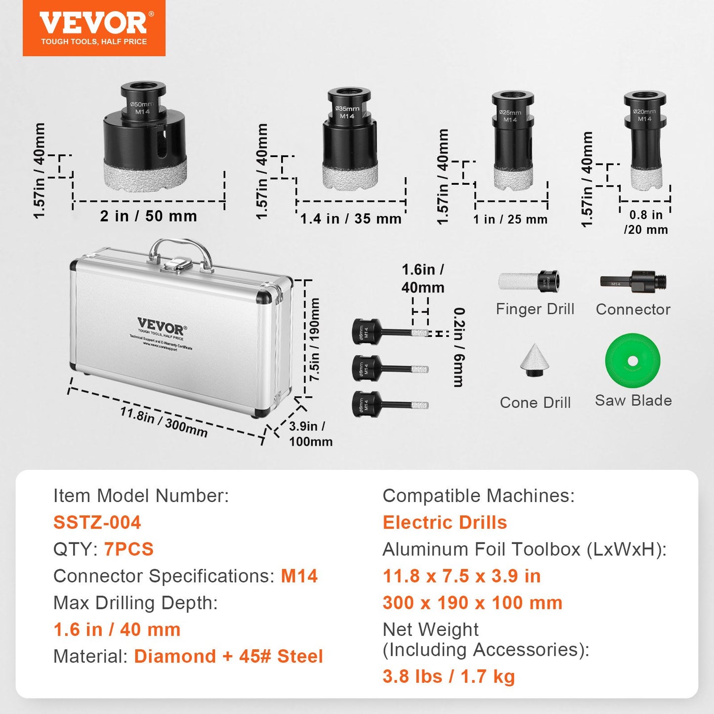 Diamond Core Drill Bit Set, 7 PCS 6/6/6/20/25/35/50mm Diamond Hole Saw Kit, with Finger Milling Bit Cone Bit Saw Blade and Storage Case for Dry and Wet, Diamond Drill Bits for Tile Ceramic