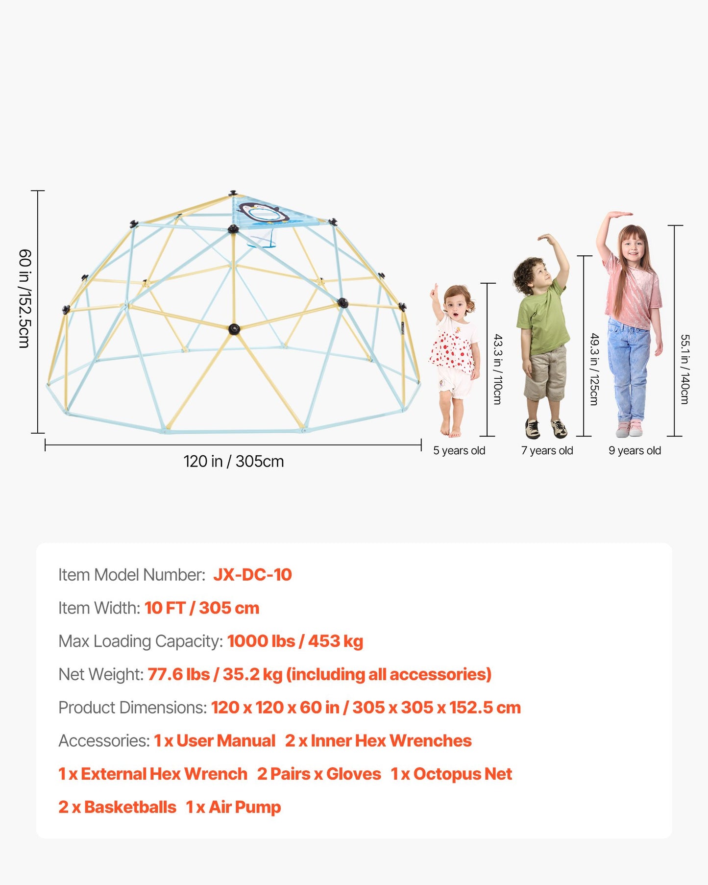 Klätterkupol, 305 cm geometrisk kupolklättrare, 453 kg lastbar klätterställning för klätter, 2 basketbollar och bläckfisknät, lättmonterad klätterutrustning för utomhusbruk för barn 3 till 10 år