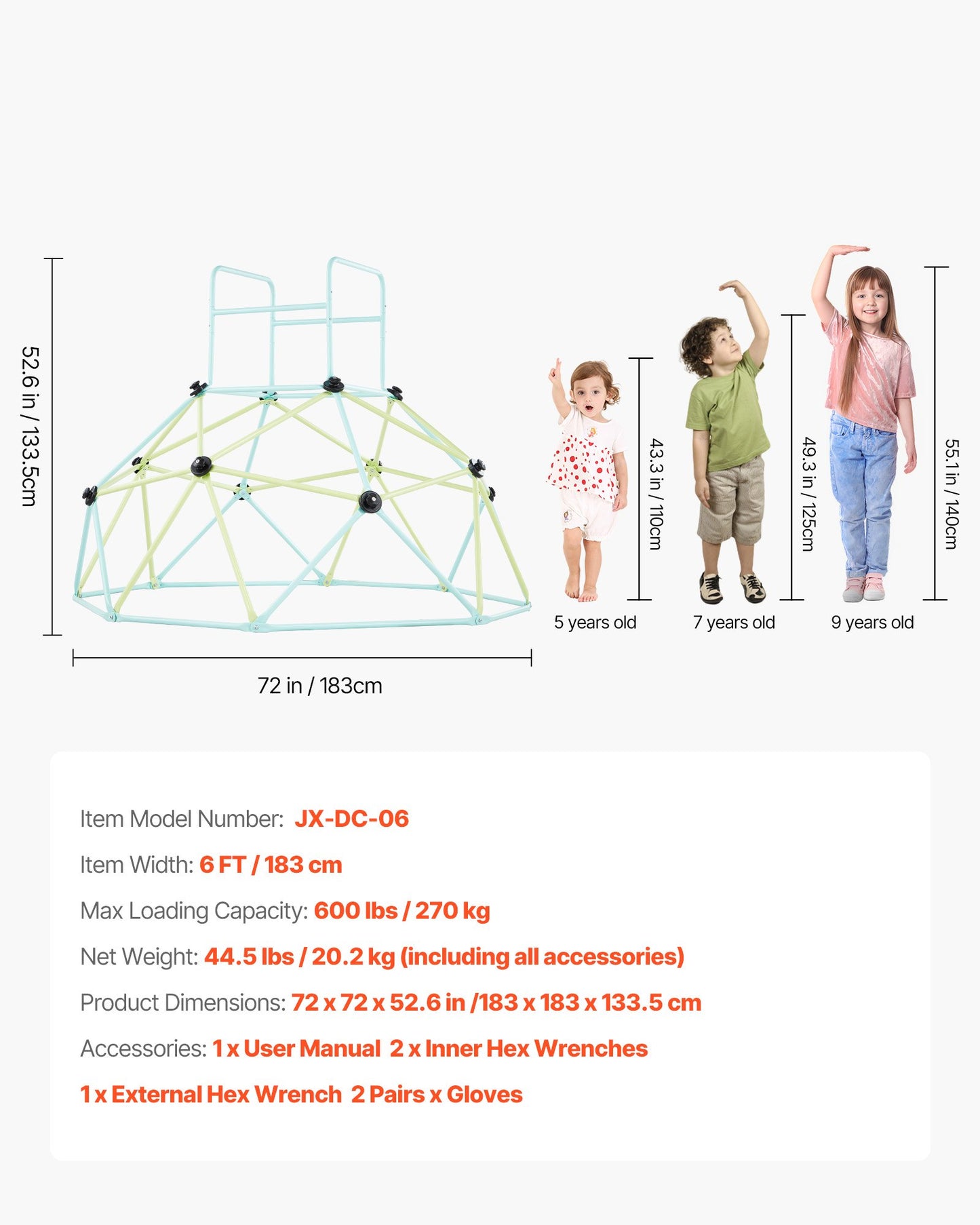 Klätterkupol, 183 cm geometrisk kupolklättrare för barn, 270 kg belastning inomhus/utomhus klättergym, lättmonterad klätterlekutrustning för bakgården för pojkar och flickor 3 till 10 år