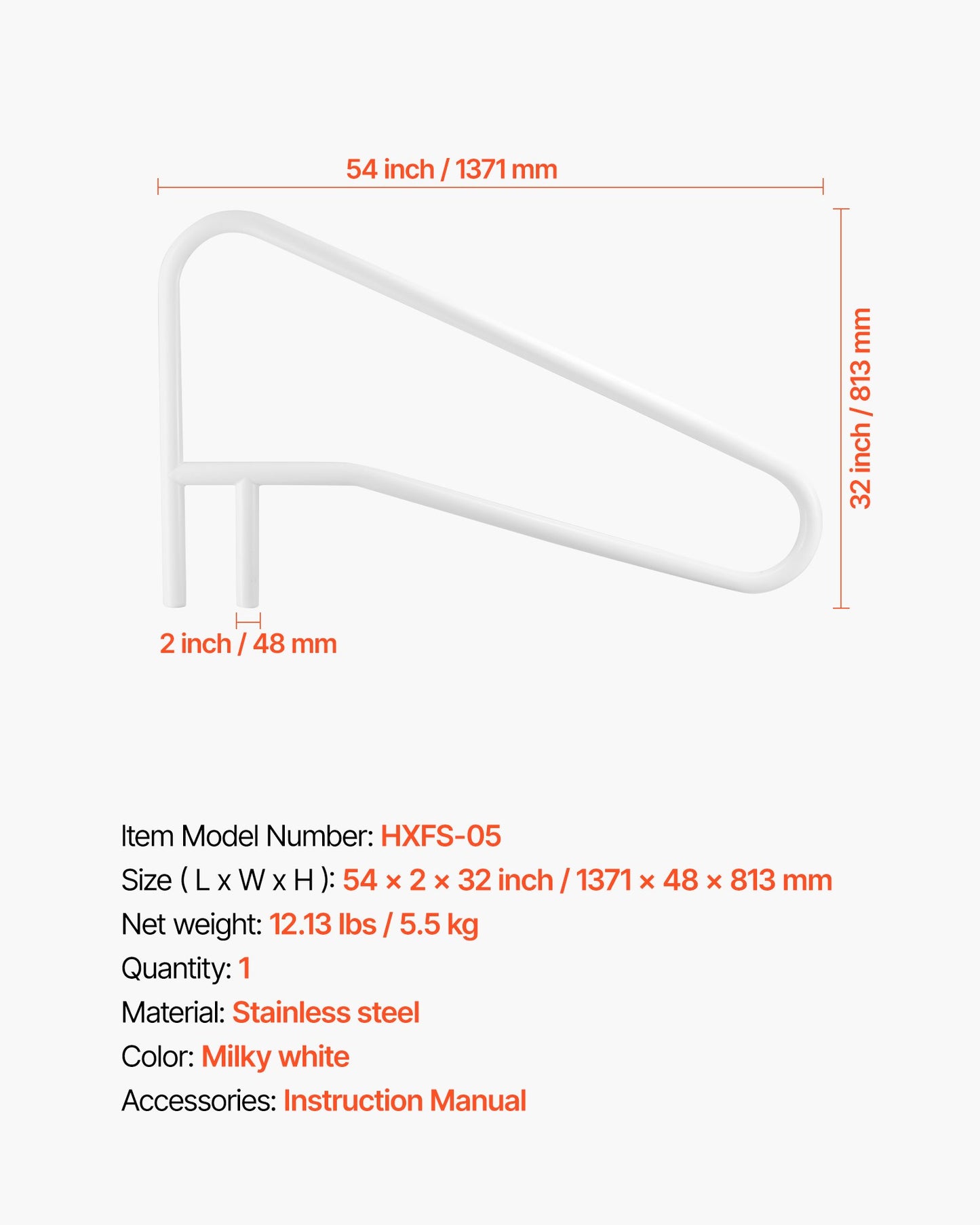Pool Rail, 137.1 x 81.3 cm Pool Handrail, 100kg Load Capacity Heavy Duty Stainless Steel Swimming Handrail, Seamless Welding, Recessed or Base Mount, for Poolside, Water Parks, Spa Centers