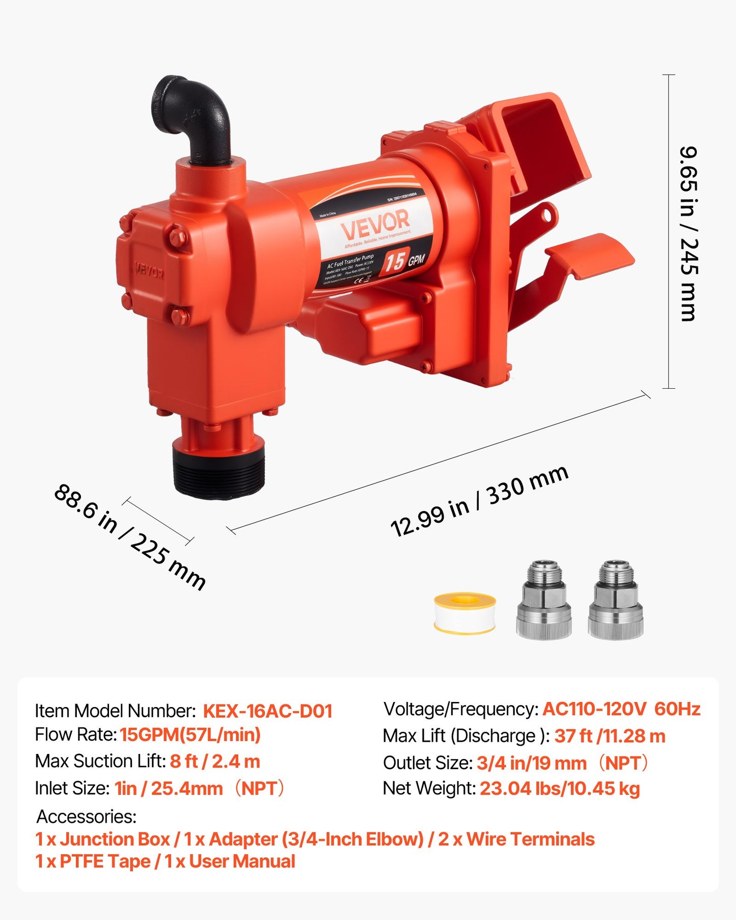 Fuel Transfer Pump 230V, 15 GPM 57 L/min, AC Electric Oil Transfer Pump, 8 ft/2.4 m Max Suction Lift, 37 ft/11.28 m Max Lift, Overheat Protection, for Gasoline Diesel Kerosene Biodiesel Ethanol